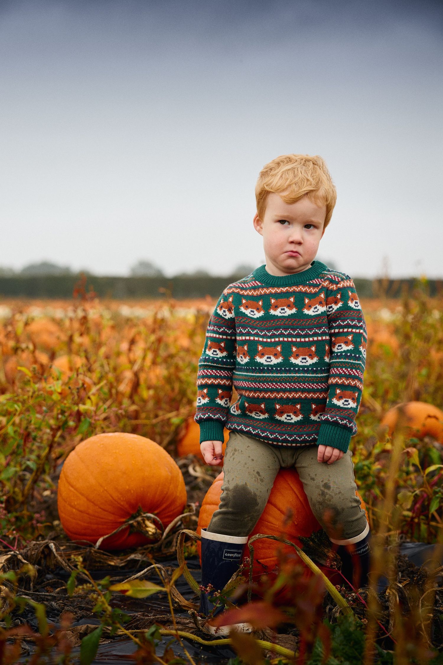 Young child in a festive fox sweater sits among orange pumpkins in an autumn field.