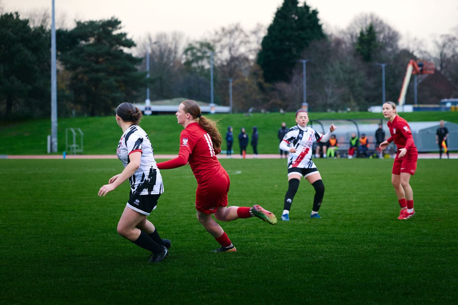 Rugby players in black and white stripes compete against team in red uniforms during a match on grass field.