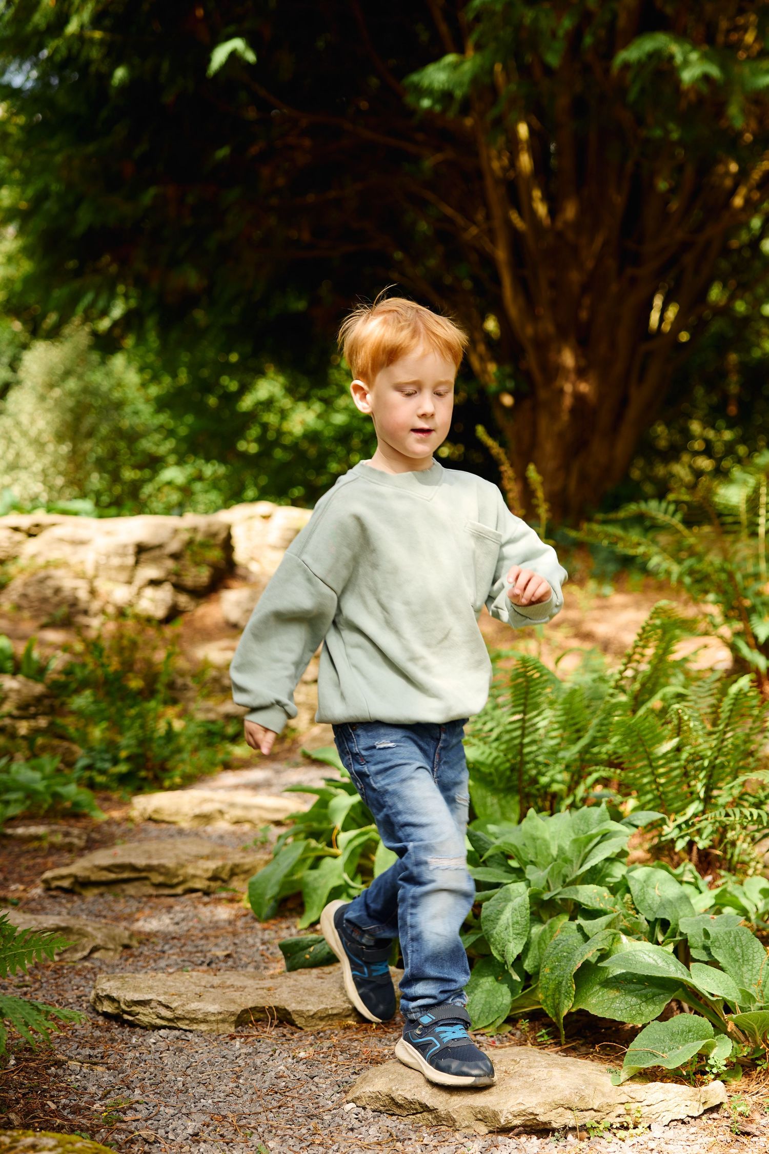 Child walking along a garden path surrounded by lush green plants and ferns.