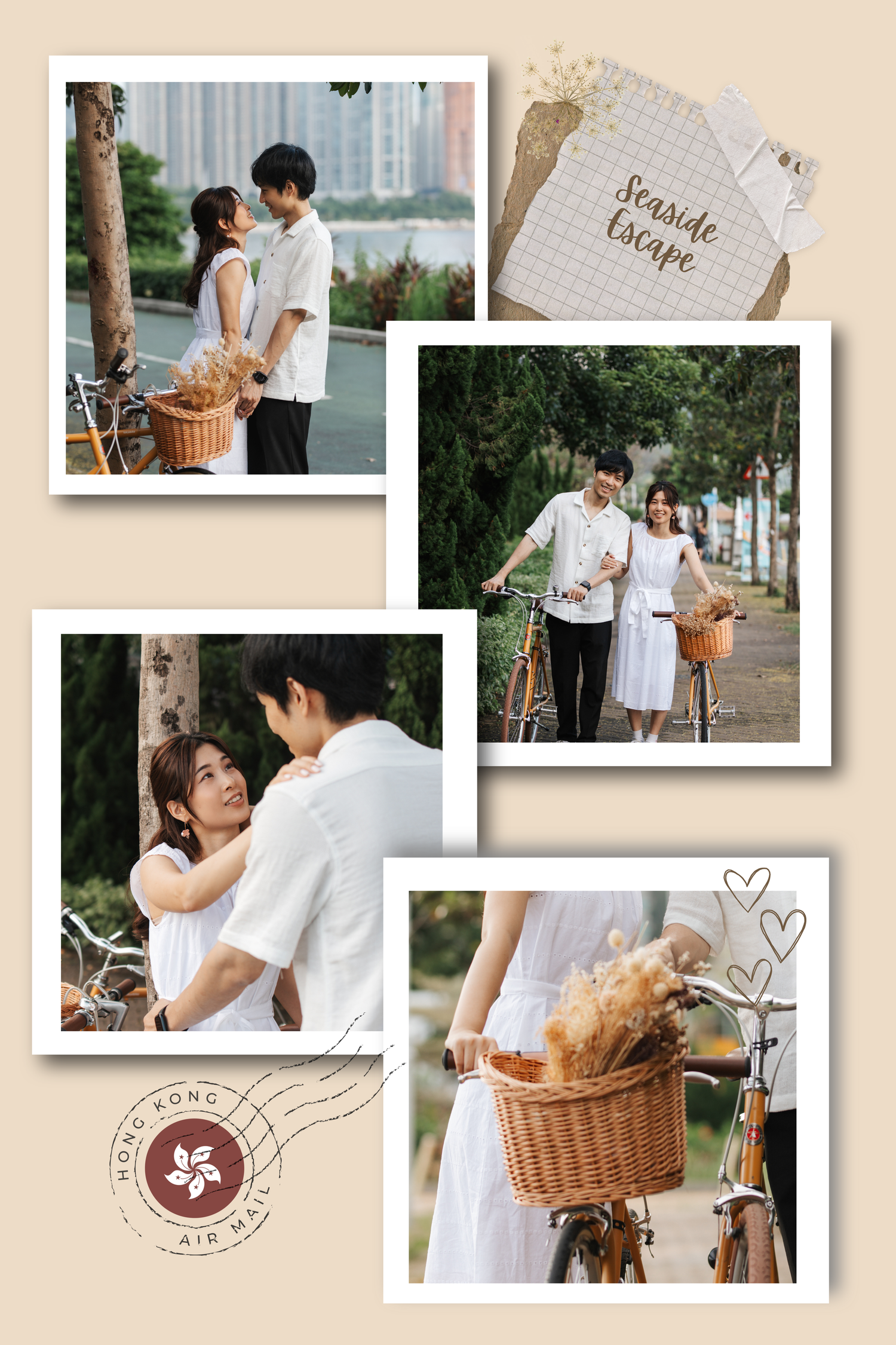 Romantic vintage-style photo collage featuring couples with a bicycle basket full of bread and flowers in a dreamy outdoor setting.