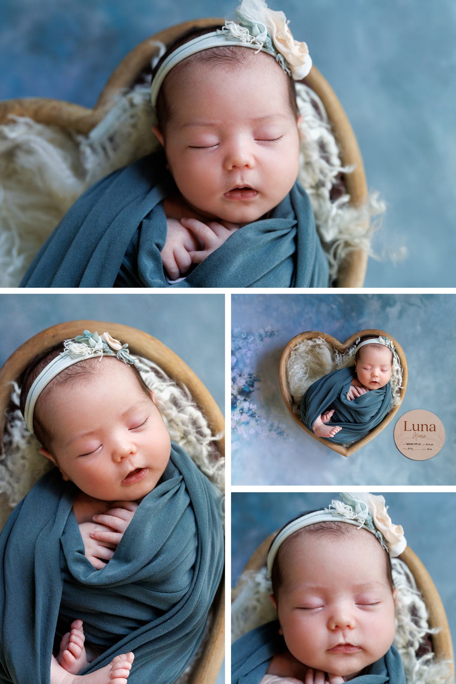 Sleeping newborn baby wrapped in soft teal swaddling blanket with delicate headband resting in natural light. Newborn Photographer in HK