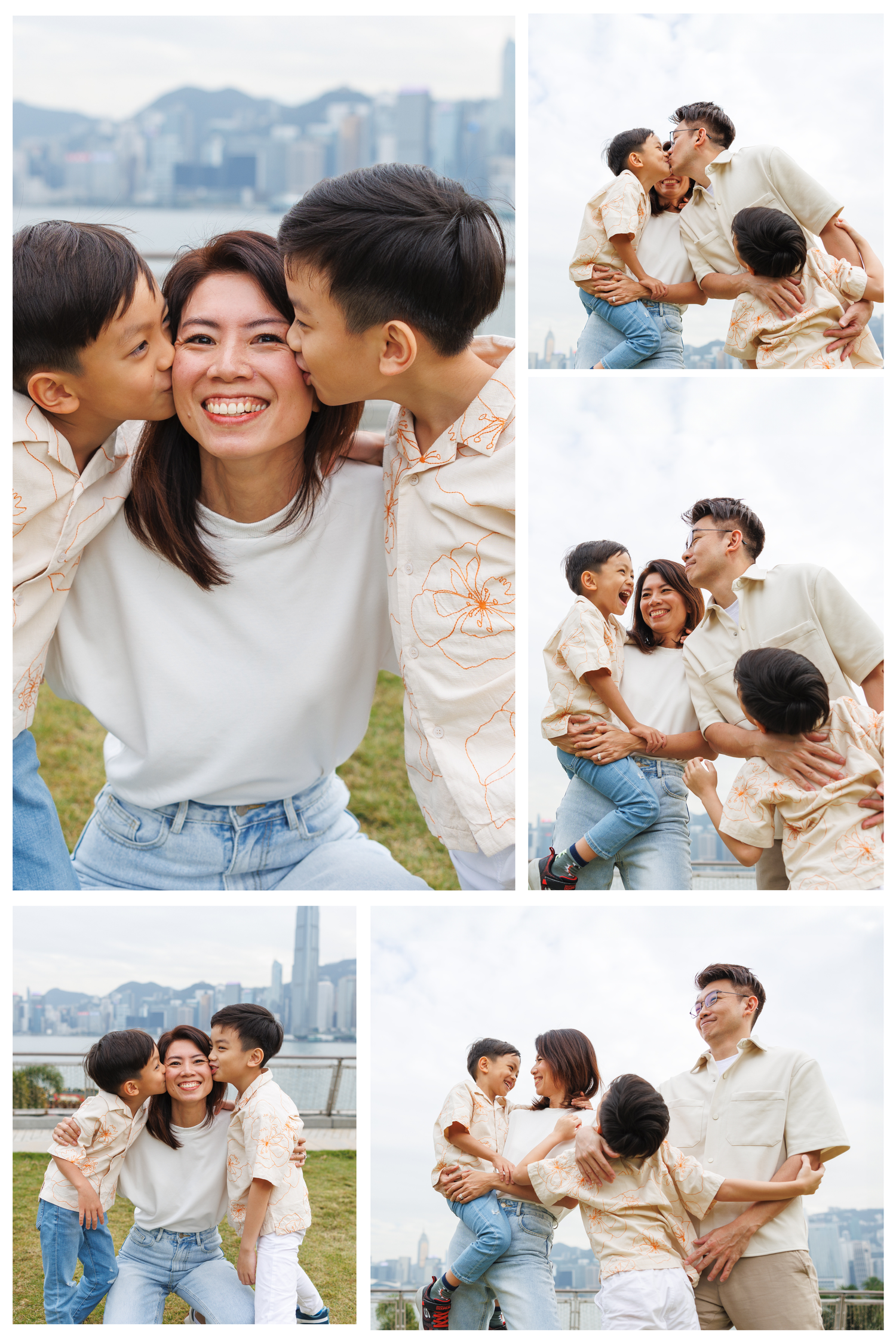 A happy family sharing joyful moments together against the Hong Kong skyline backdrop in matching casual outfits. Hong Kong Family Photos