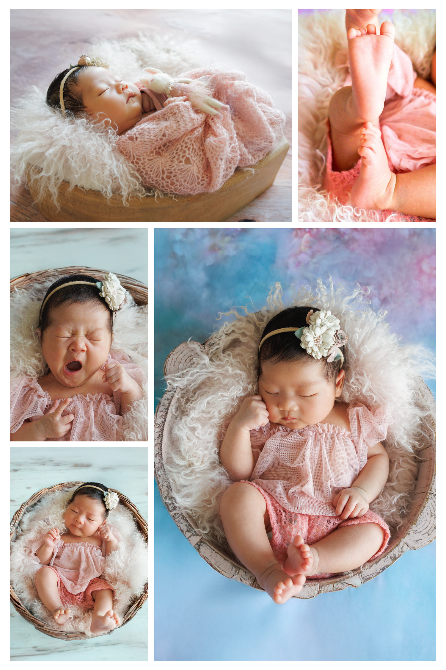 Sweet baby in pink dress sleeping peacefully on white fluffy blanket with soft lighting and dreamy backdrop. Newborn Photography in HK