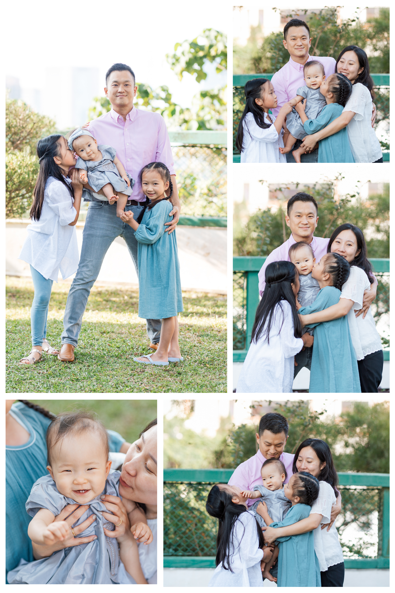 A joyful family portrait session outdoors in a park with natural lighting and coordinated blue and white outfits. Hong Kong Family Photograp