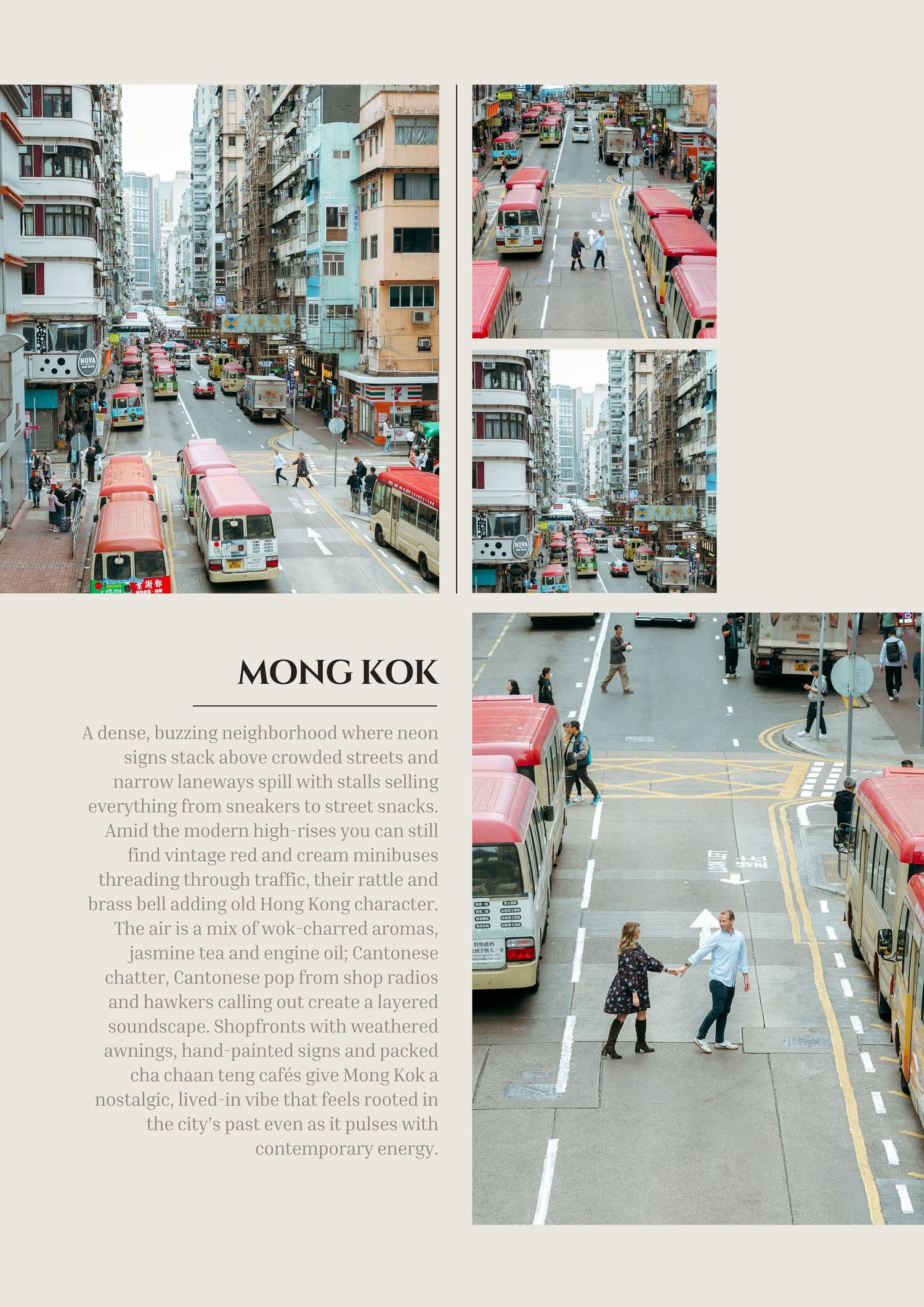 Busy Mong Kok street with neon signs, trams, and pedestrians crossing amid dense Hong Kong urban architecture. couple session in Hong Kong.