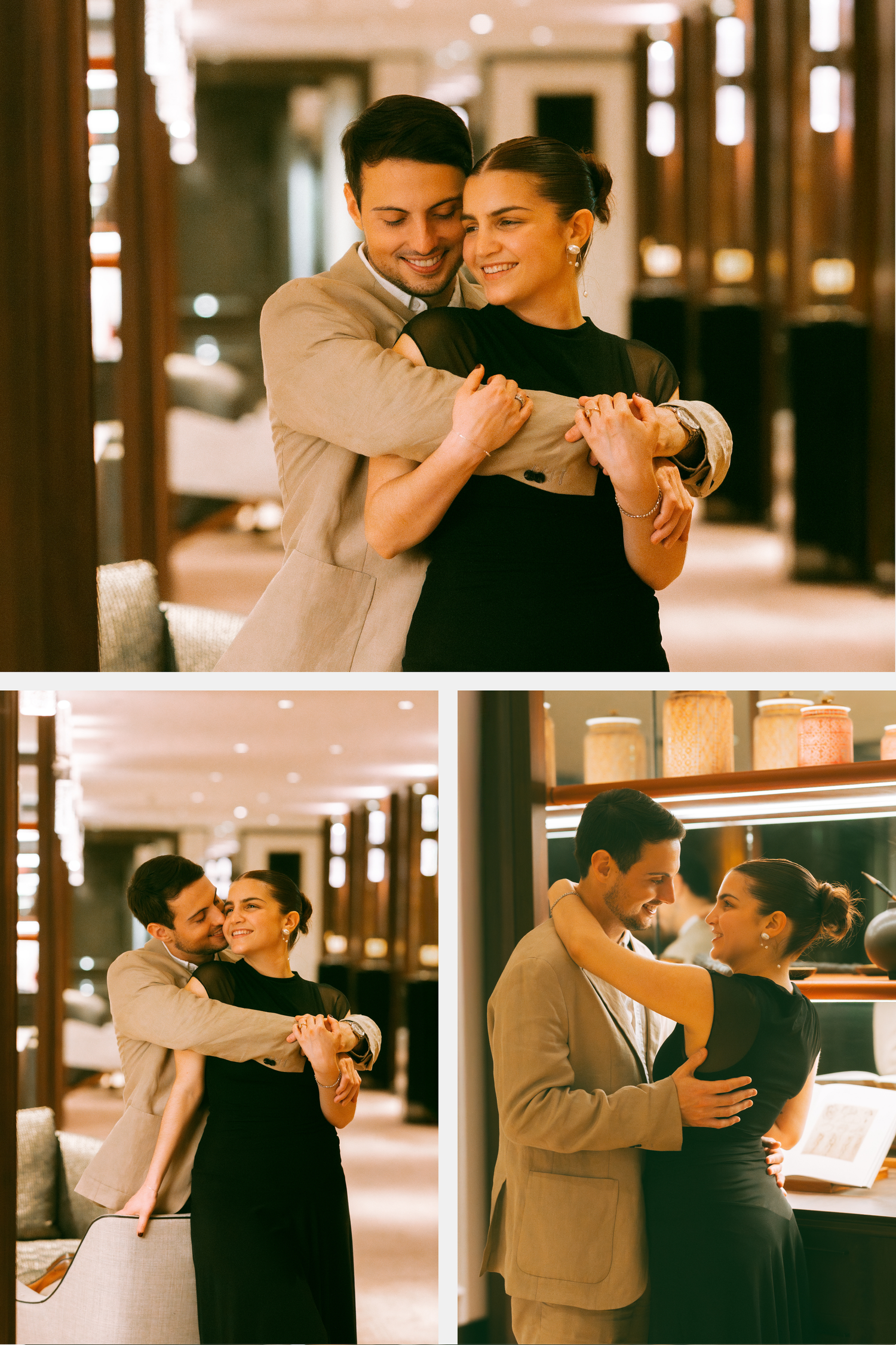 A couple embraces warmly in an elegant hotel lobby, smiling joyfully in a romantic in Rosewood Hong Kong. Pre Wedding in Hong Kong.