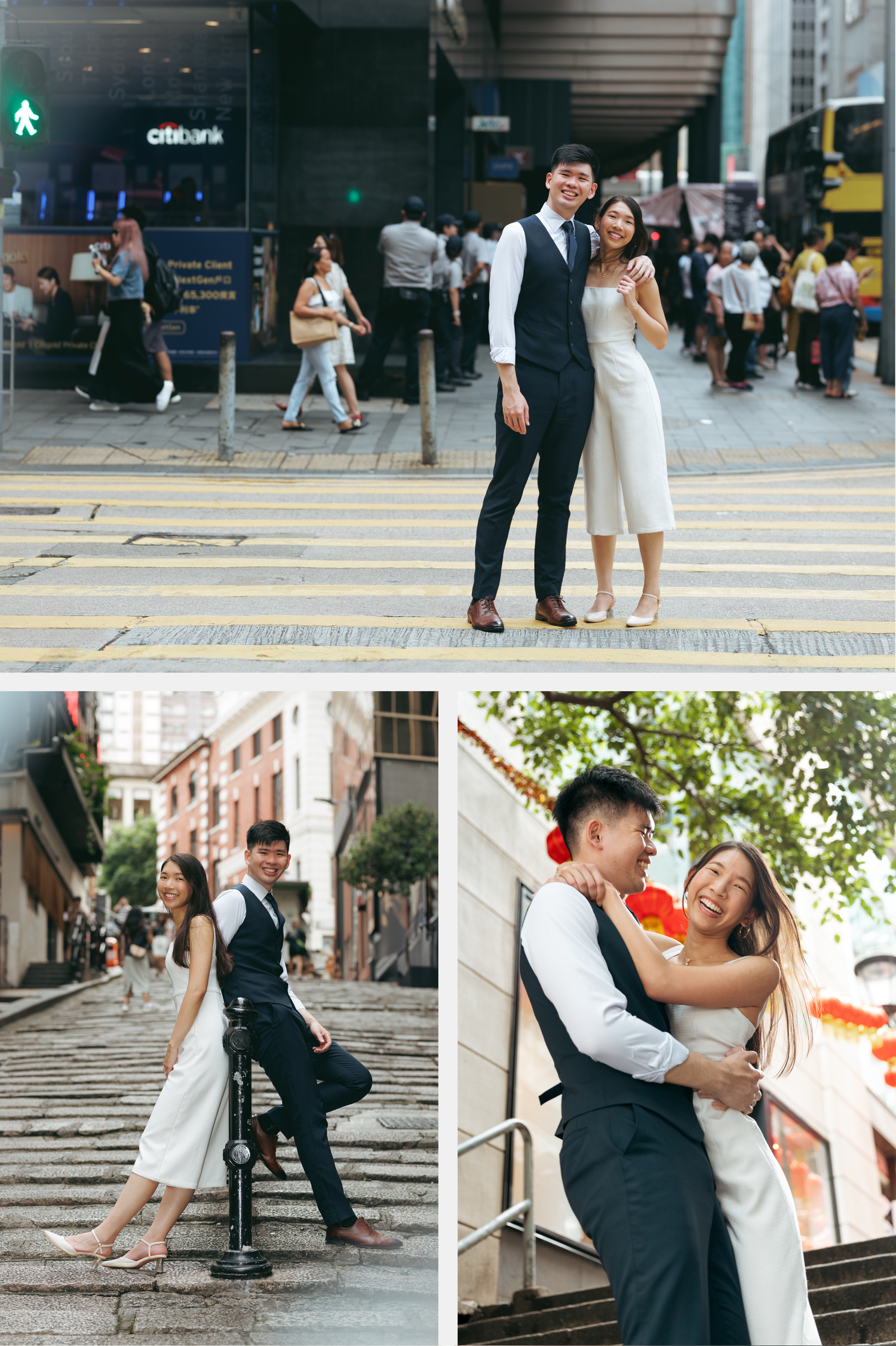 Eight romantic candid photos on urban steps showing a couple in wedding attire dancing and embracing. Couple Photoshoot in Hong Kong