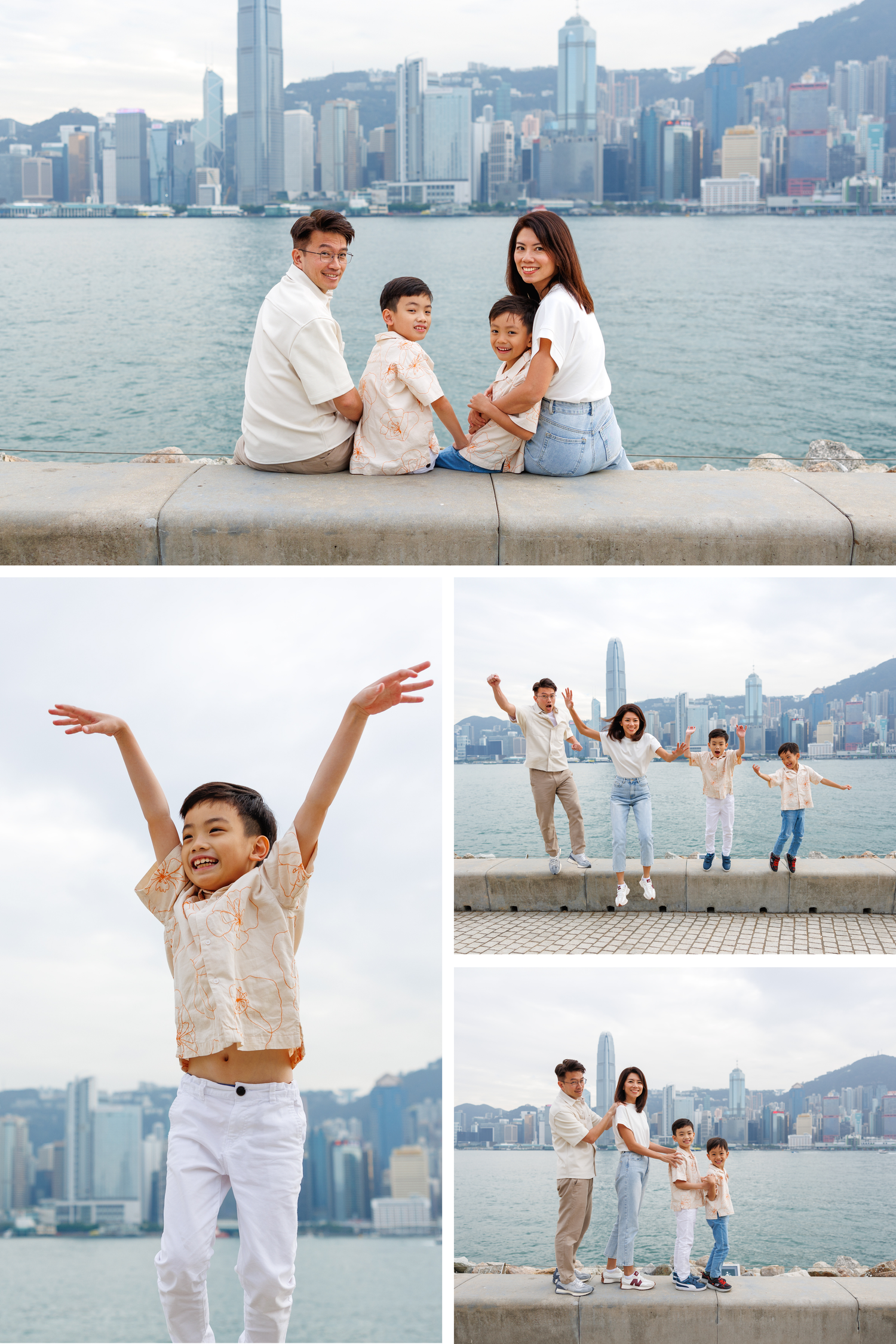 Family enjoying scenic waterfront view of Hong Kong skyline with iconic skyscrapers and Victoria Harbor in background. Hong Kong Family