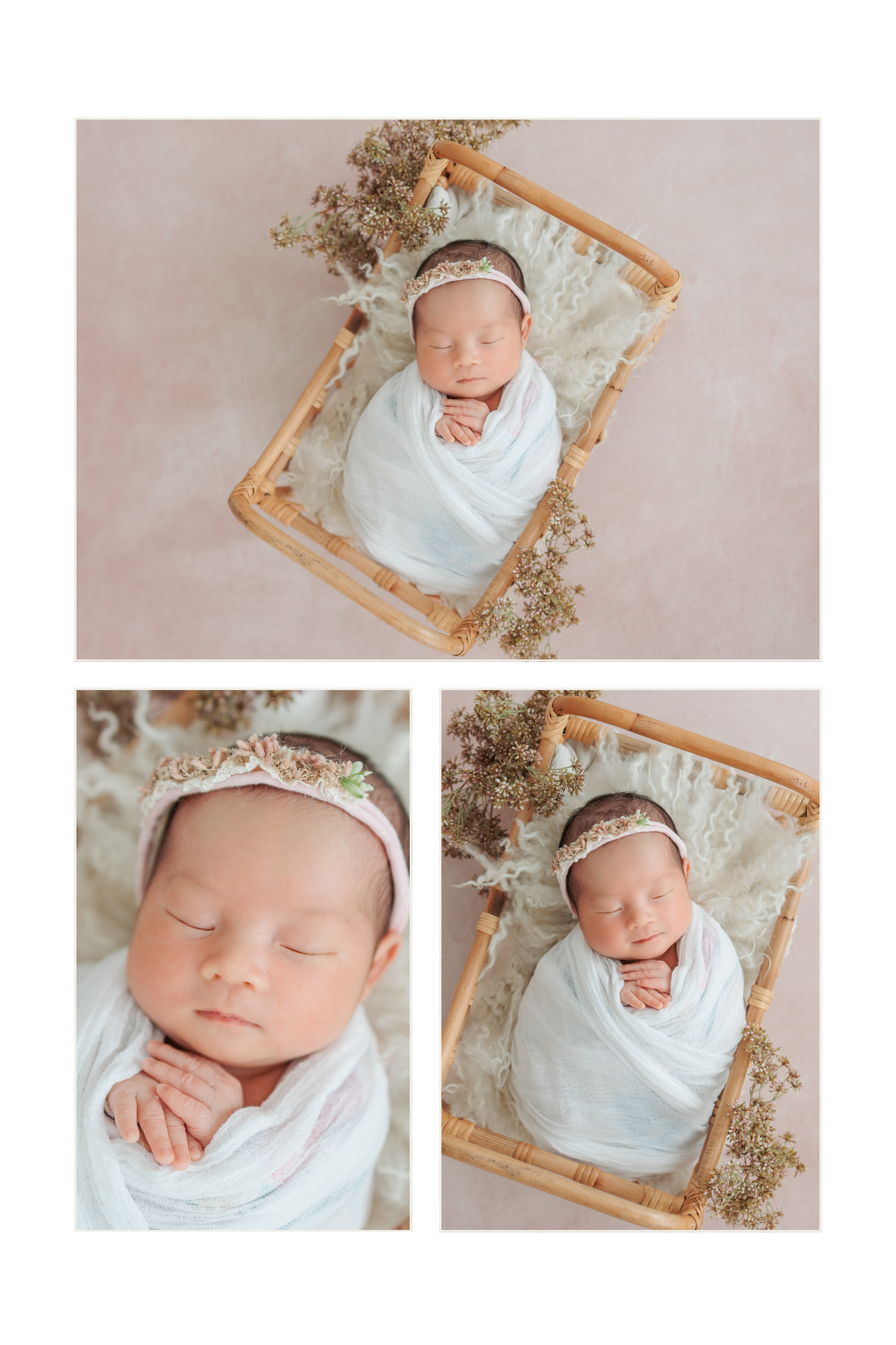 Professional newborn photography session featuring soft white wraps, rustic wooden frames, and delicate dried floral details. Newborn HK