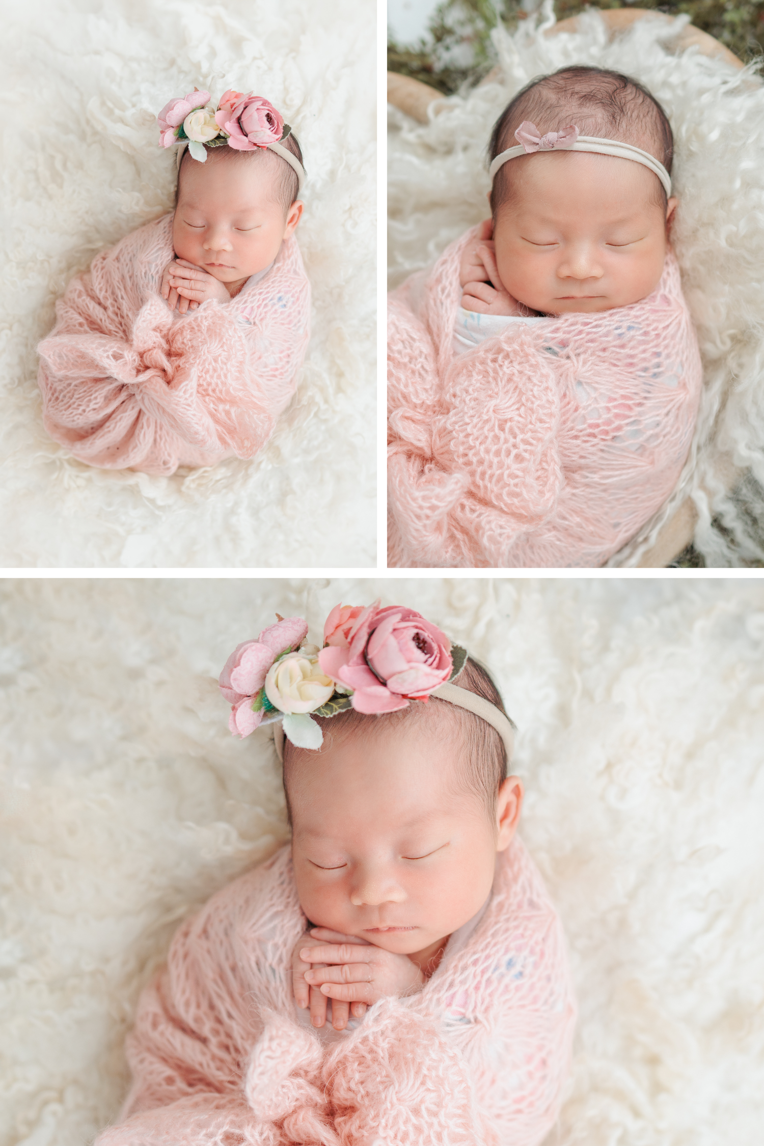 A sweet newborn photography session featuring soft pink wraps, delicate headbands and dreamy white textures. Newborn Photographer in HK
