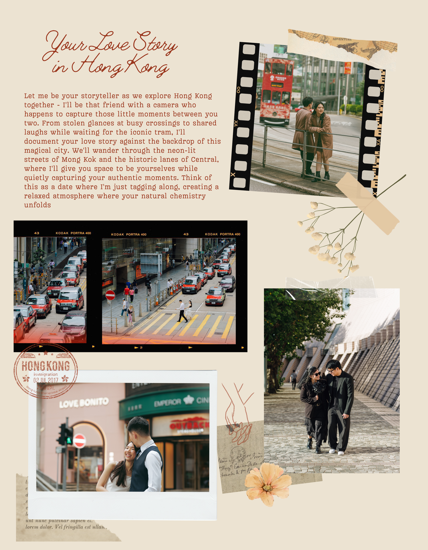 Various scrapbook-style travel photos arranged in a collage with film strip elements and handwritten notes on a beige background.