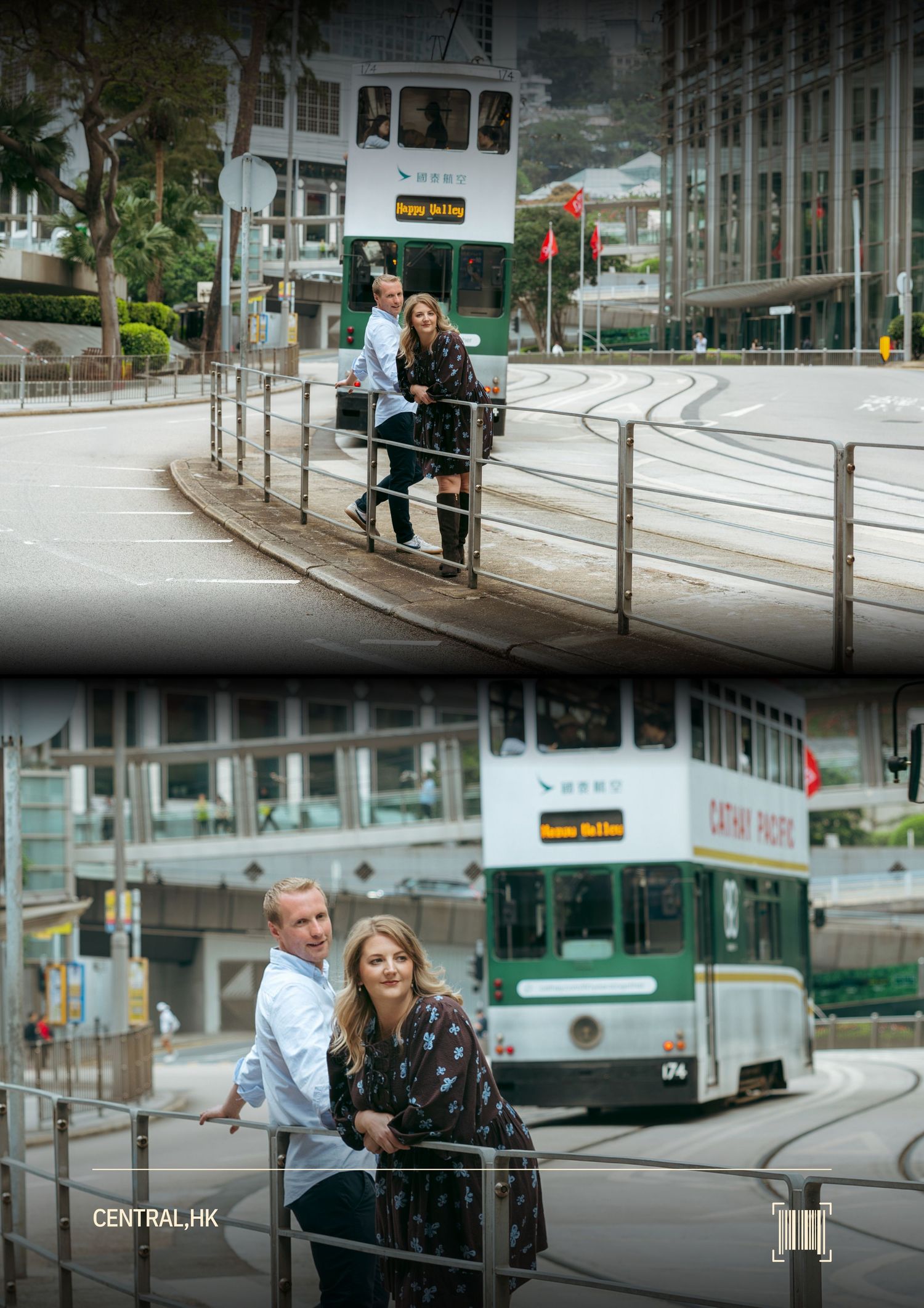 Couple posing near Hong Kong tram on city street, romantic urban photography session with double-decker tram in background. couple session
