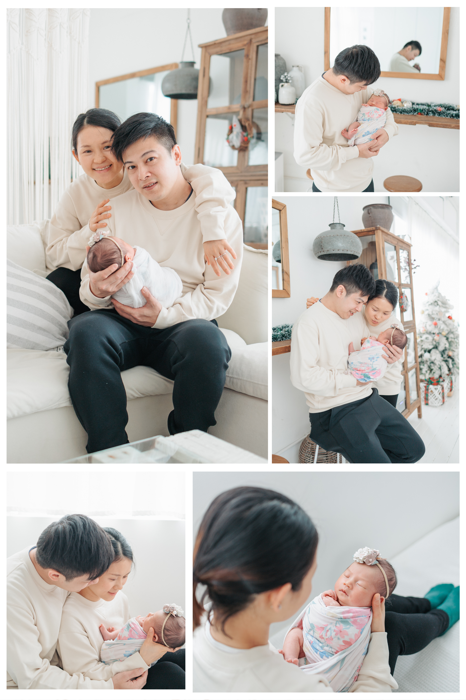 Family sits together in a warm, minimalist living room with white walls and natural lighting while bonding with their newborn. Newborn HK