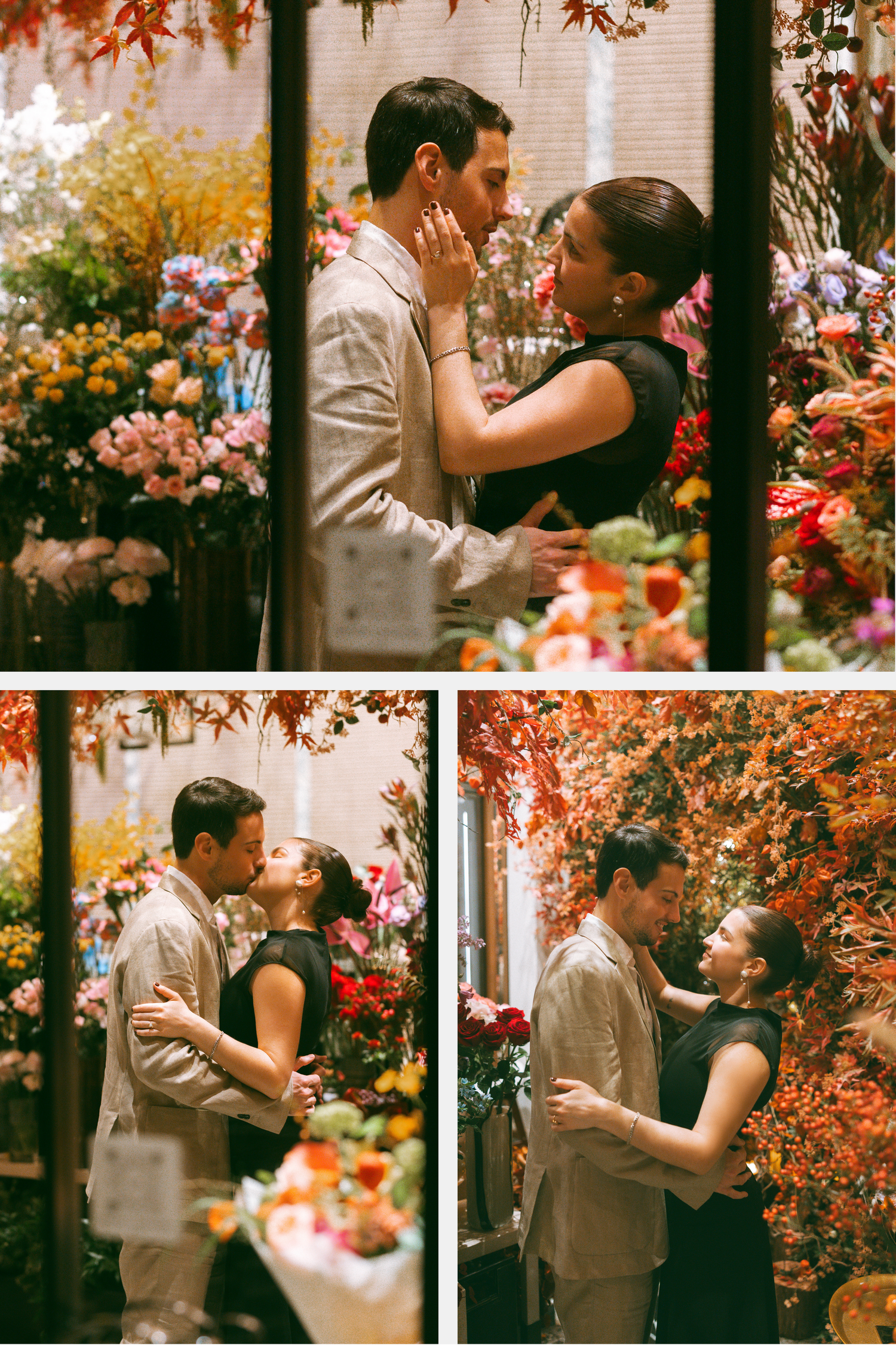 A couple shares a romantic moment surrounded by flowers in a lush floral shop setting  in Rosewood Hong Kong. Pre Wedding in Hong Kong