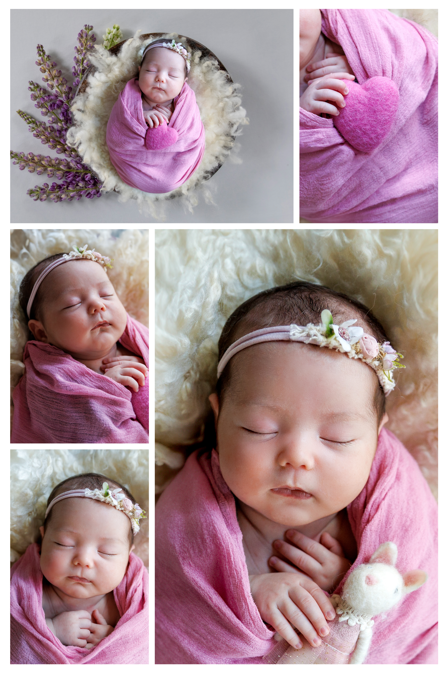 Newborn baby sleeping peacefully in pink swaddle wrap and delicate floral headband on soft ivory textured backdrop. Newborn Photographer HK