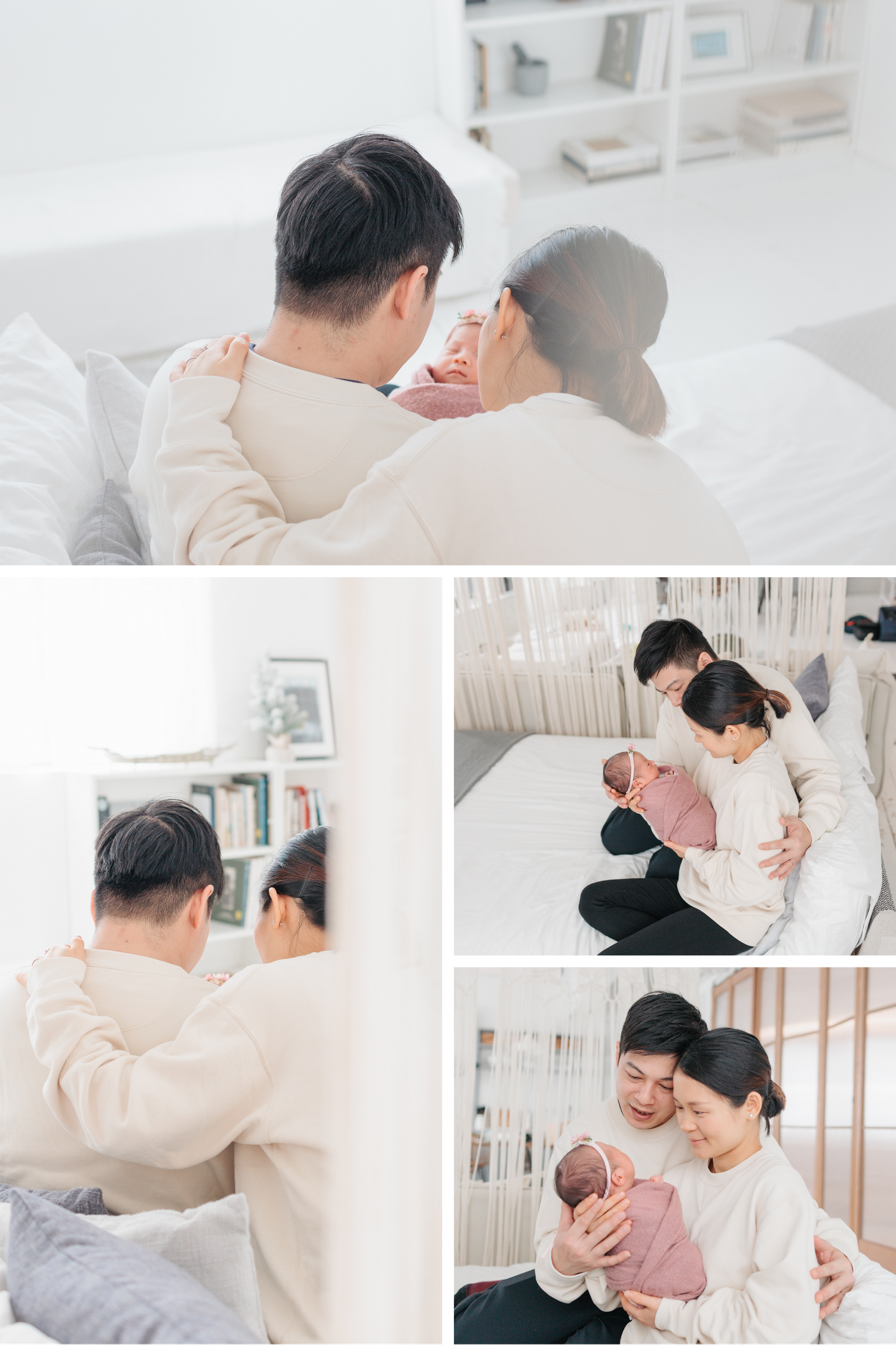 A collection of tender family moments captured in soft white tones showing affectionate embraces between loved ones. Newborn Photographer HK
