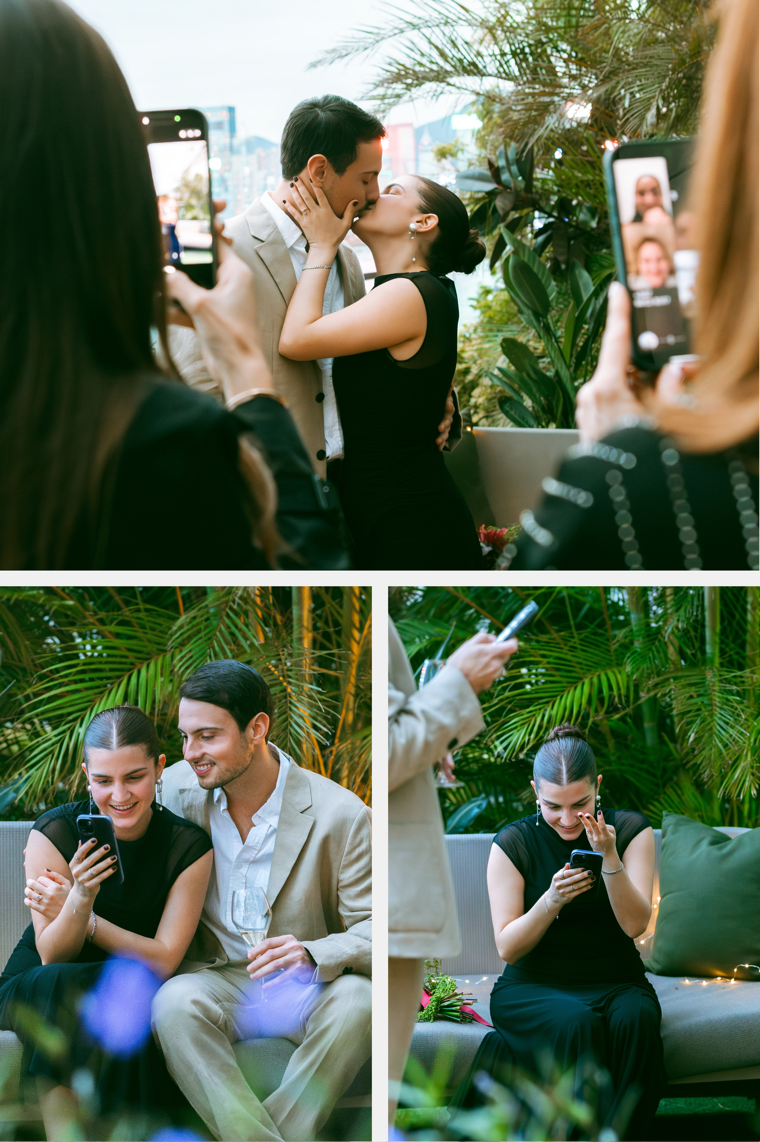 A couple kisses outdoors while friends capture the romantic moment in Rosewood Hong Kong. Pre Wedding in Hong Kong