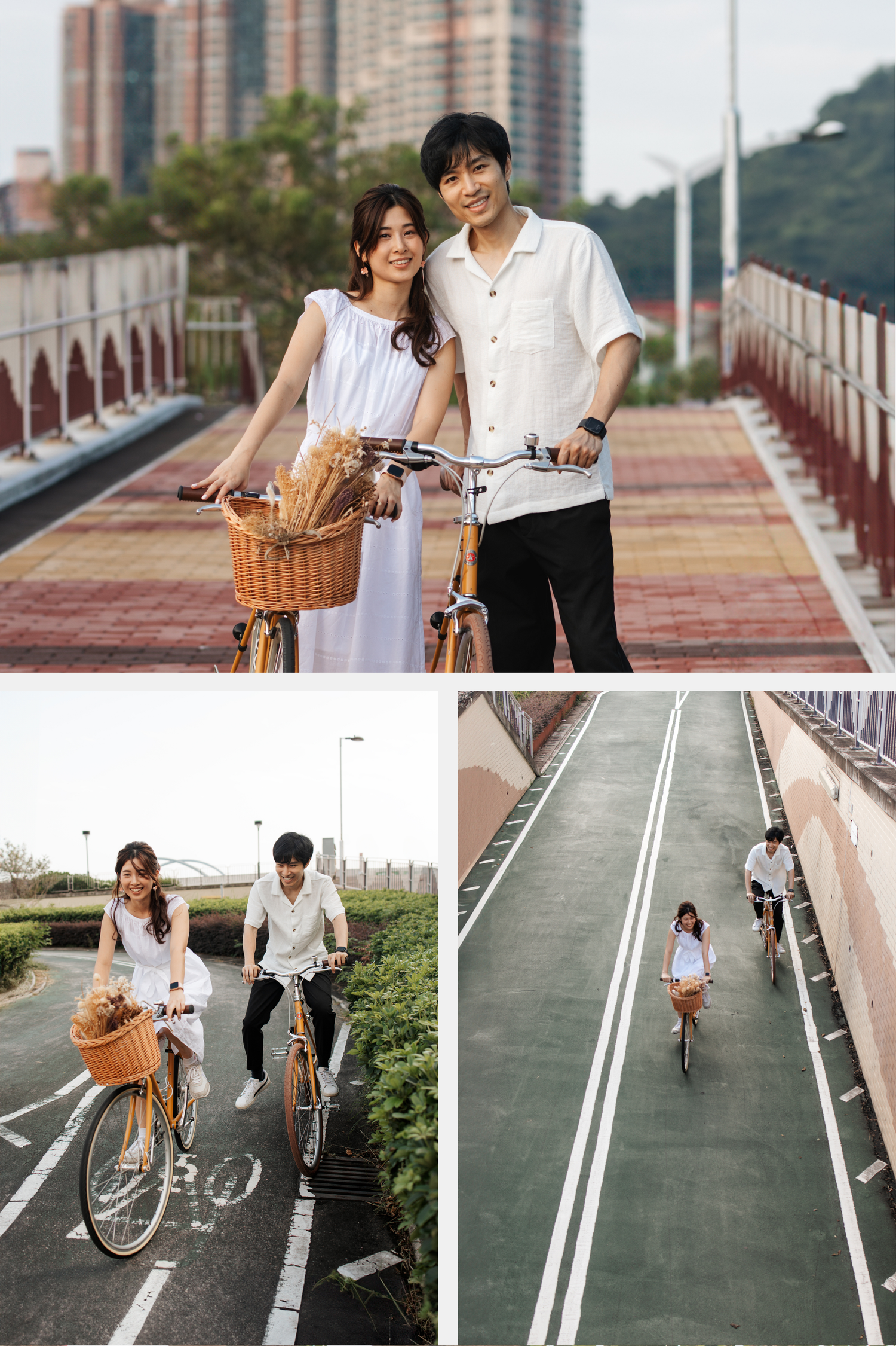 couple riding bicycles along a long walkway with white railings and painted bike lanes on a sunny day. Couple Photoshoot in Hong Kong