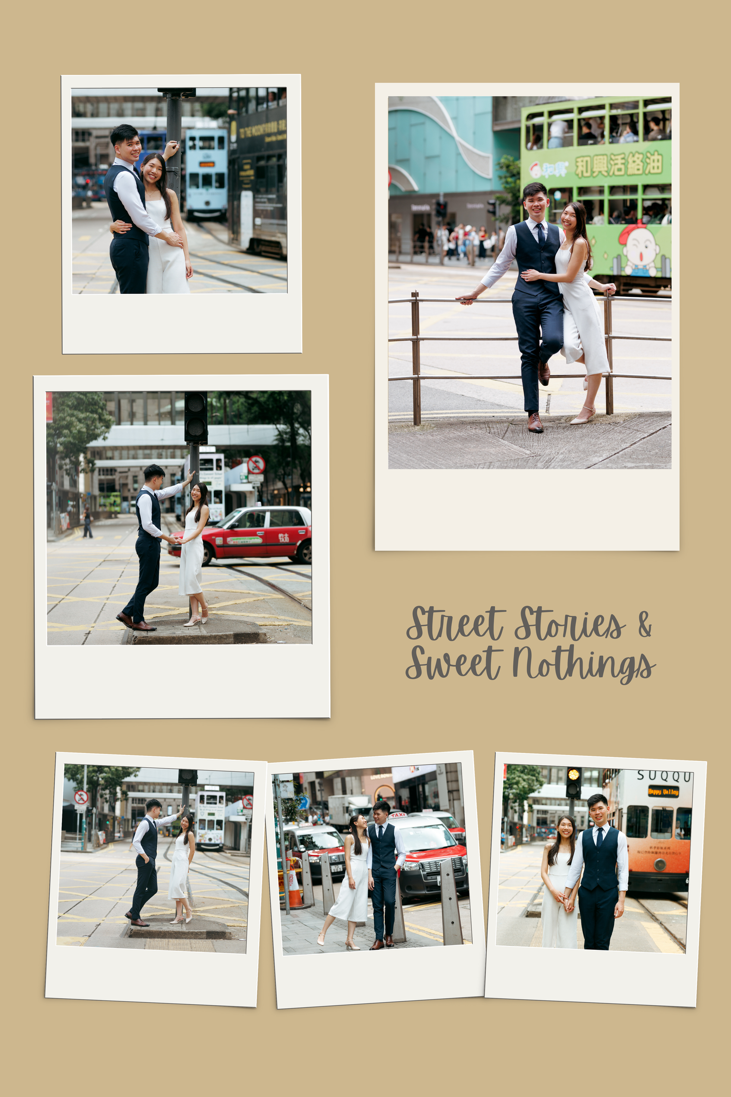 A collection of polaroid-style photographs arranged on a beige background showing urban street scenes and couple moments. Couple Photoshoot