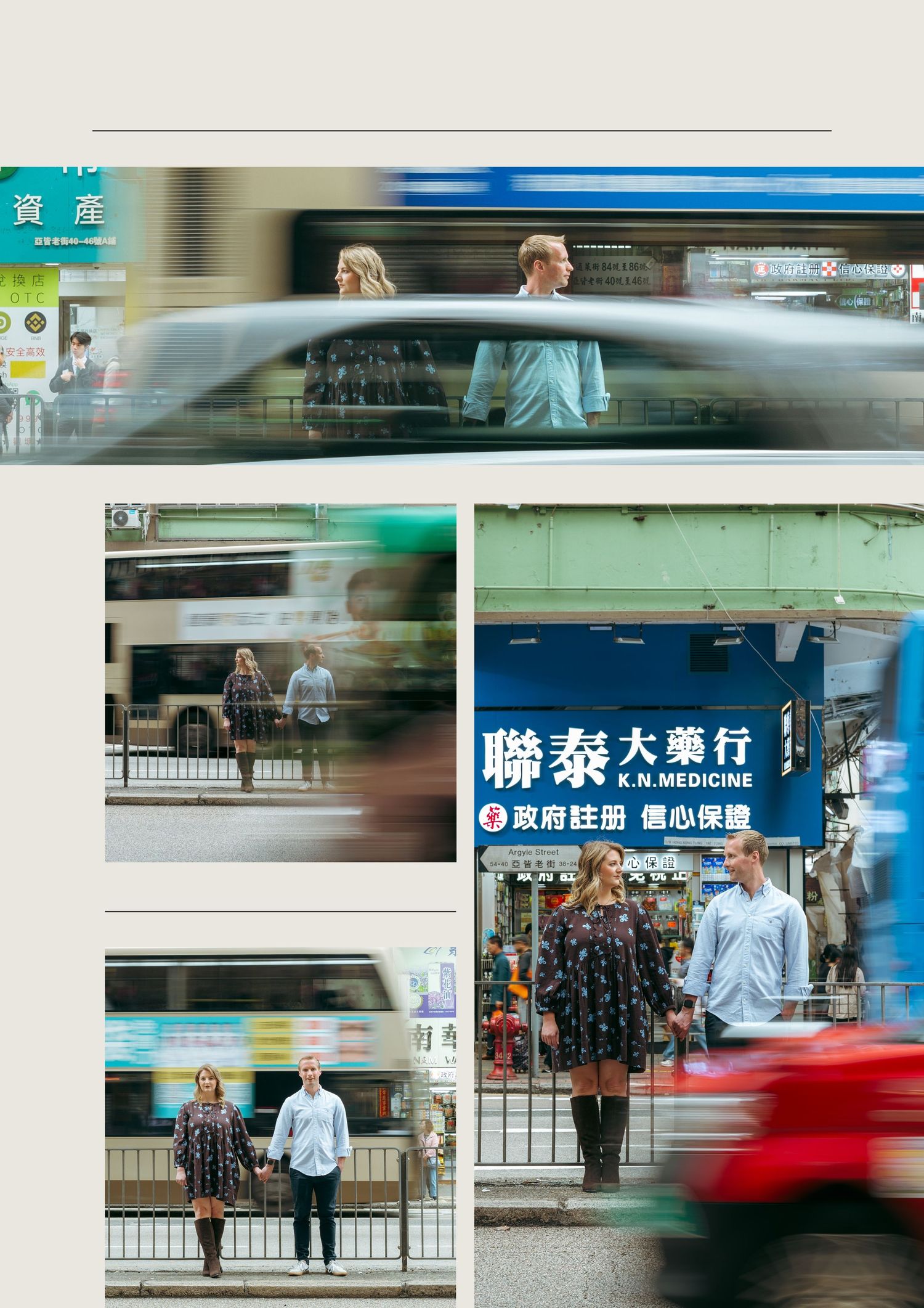 Couple holding hands on a busy Hong Kong street with blurred traffic and Chinese storefront signs. couple session in Hong Kong. Pre Wedding