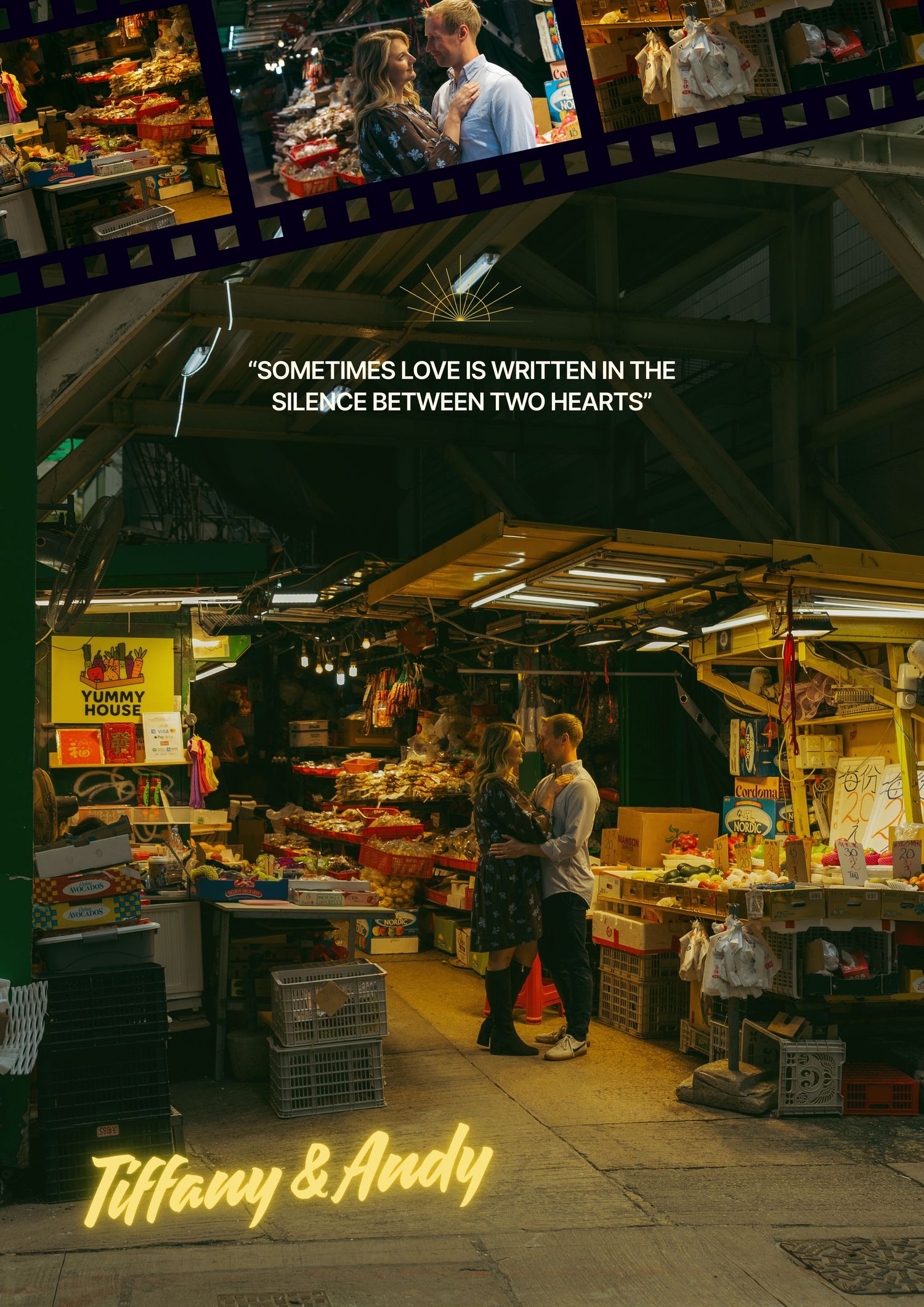 Romantic couple at a colorful night market with film strip border and love quote for Tiffany and Andy. couple session in Hong Kong.