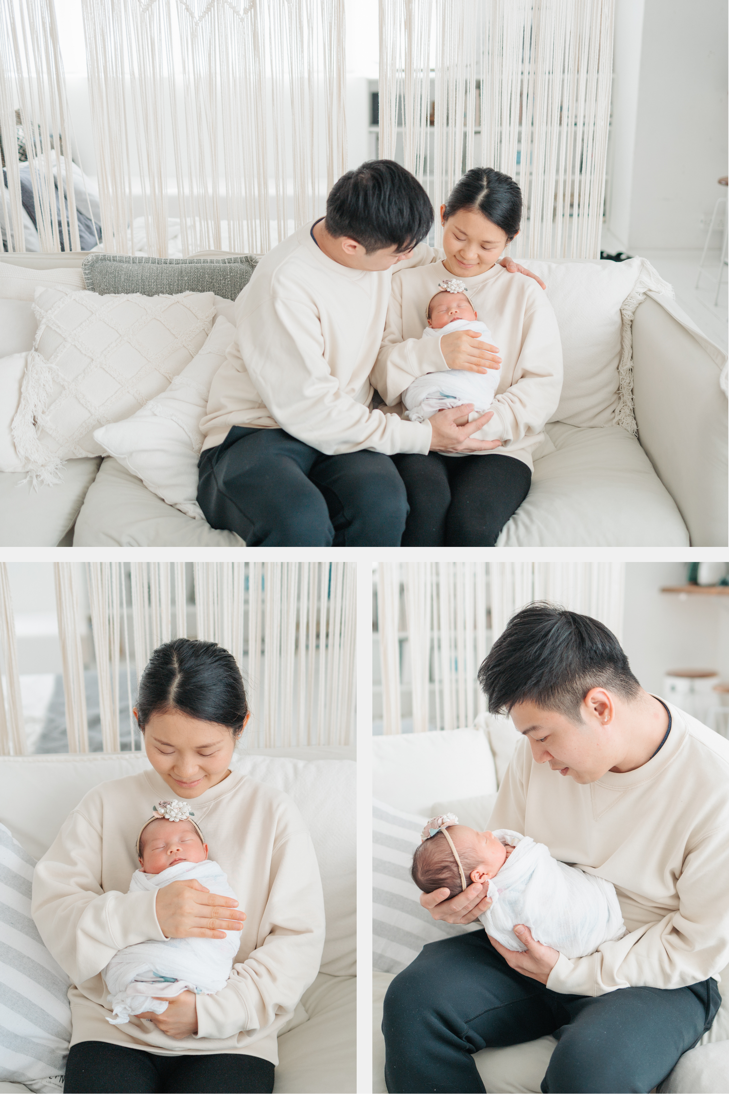 Two parents share tender moments with their newborn baby on a white couch in a bright minimalist room. Newborn Photographer in Hong Kong