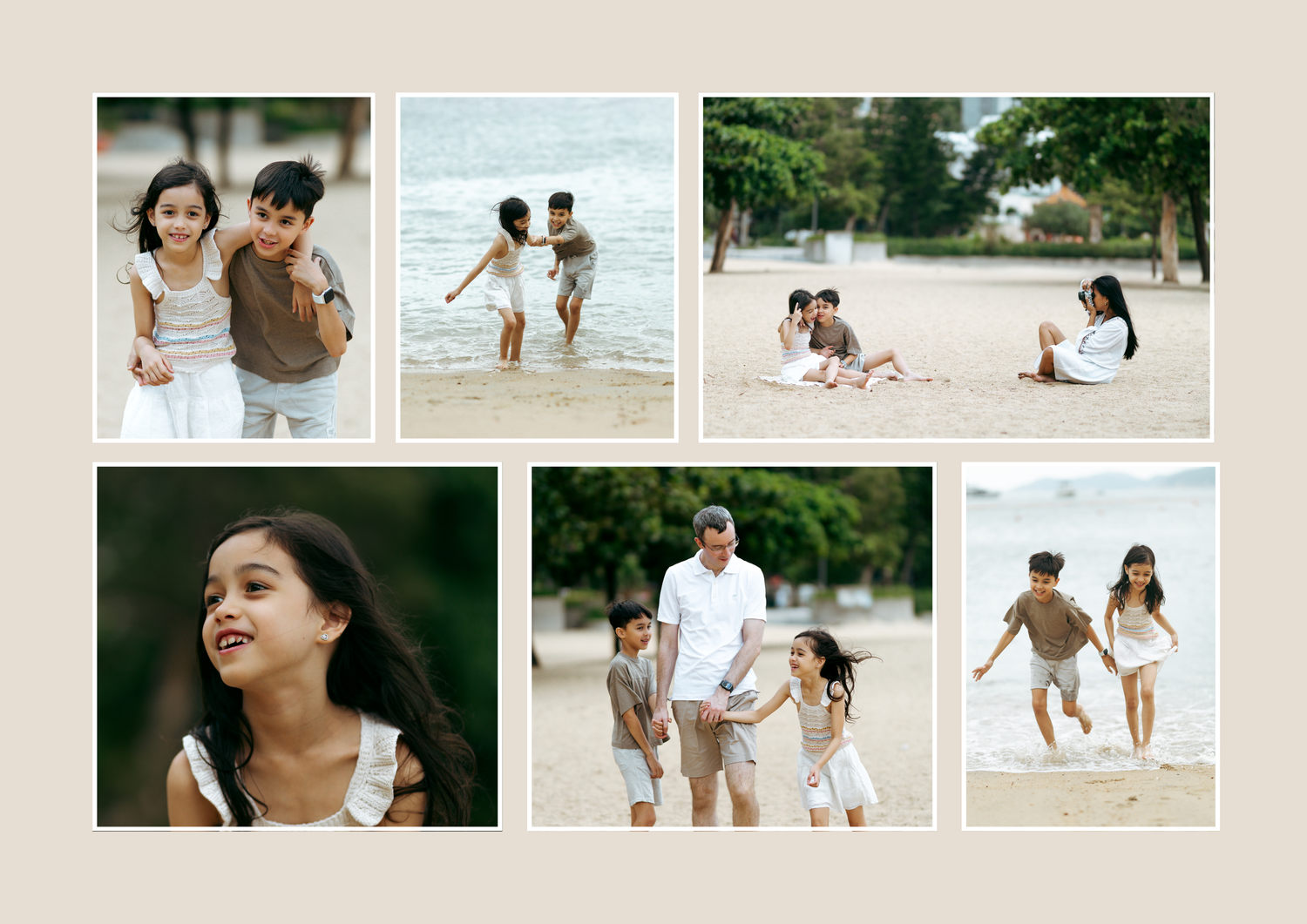 A collection of candid lifestyle photos showing people enjoying time together at the beach and park. Family Photoshoot in Hong Kong