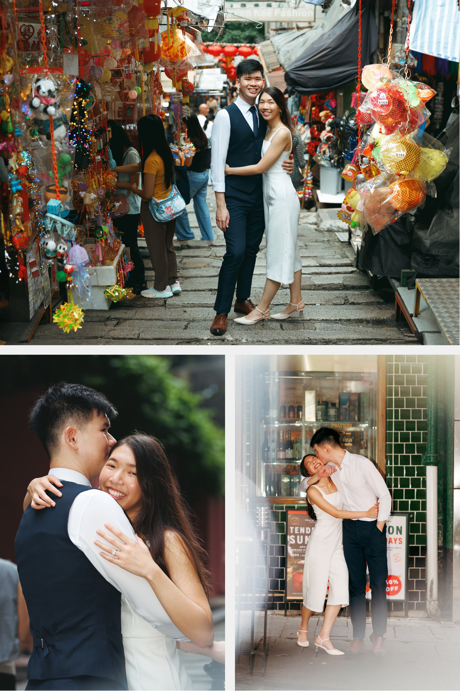 A couple shares romantic moments against vibrant colored lantern decorations and traditional urban backgrounds in Hong Kong Couple Session