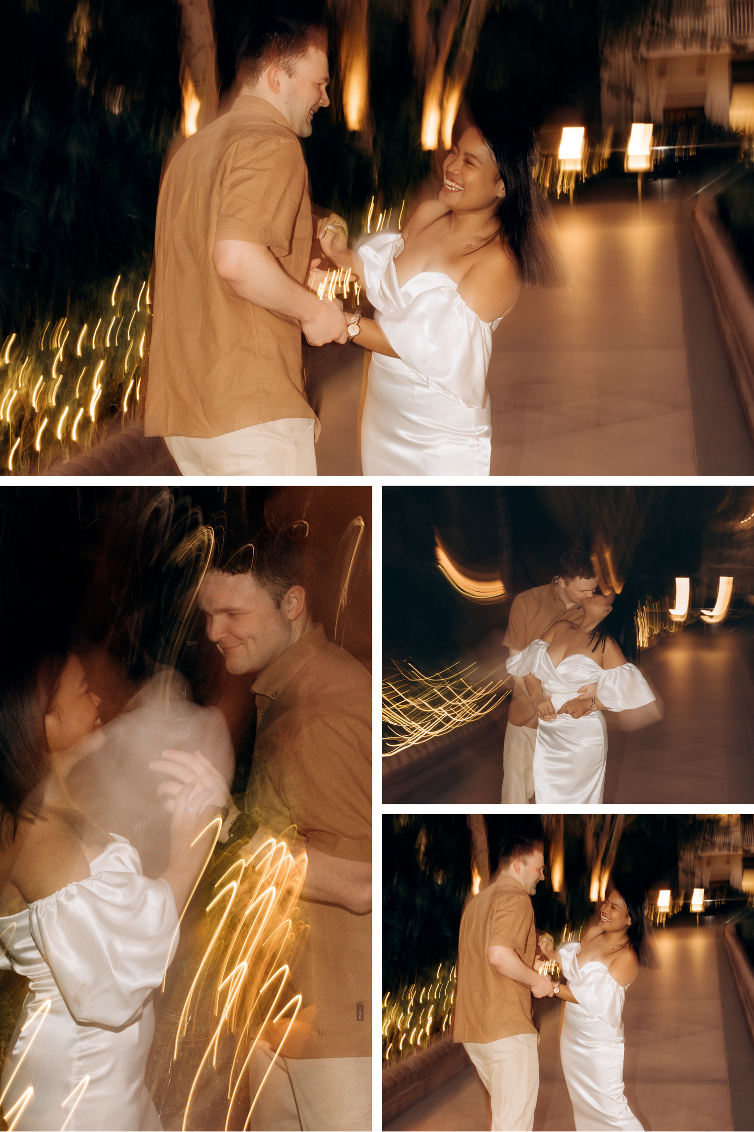 A couple dancing intimately in warm lighting at a reception venue with glowing decorative lights in the background. Couple Session in HK