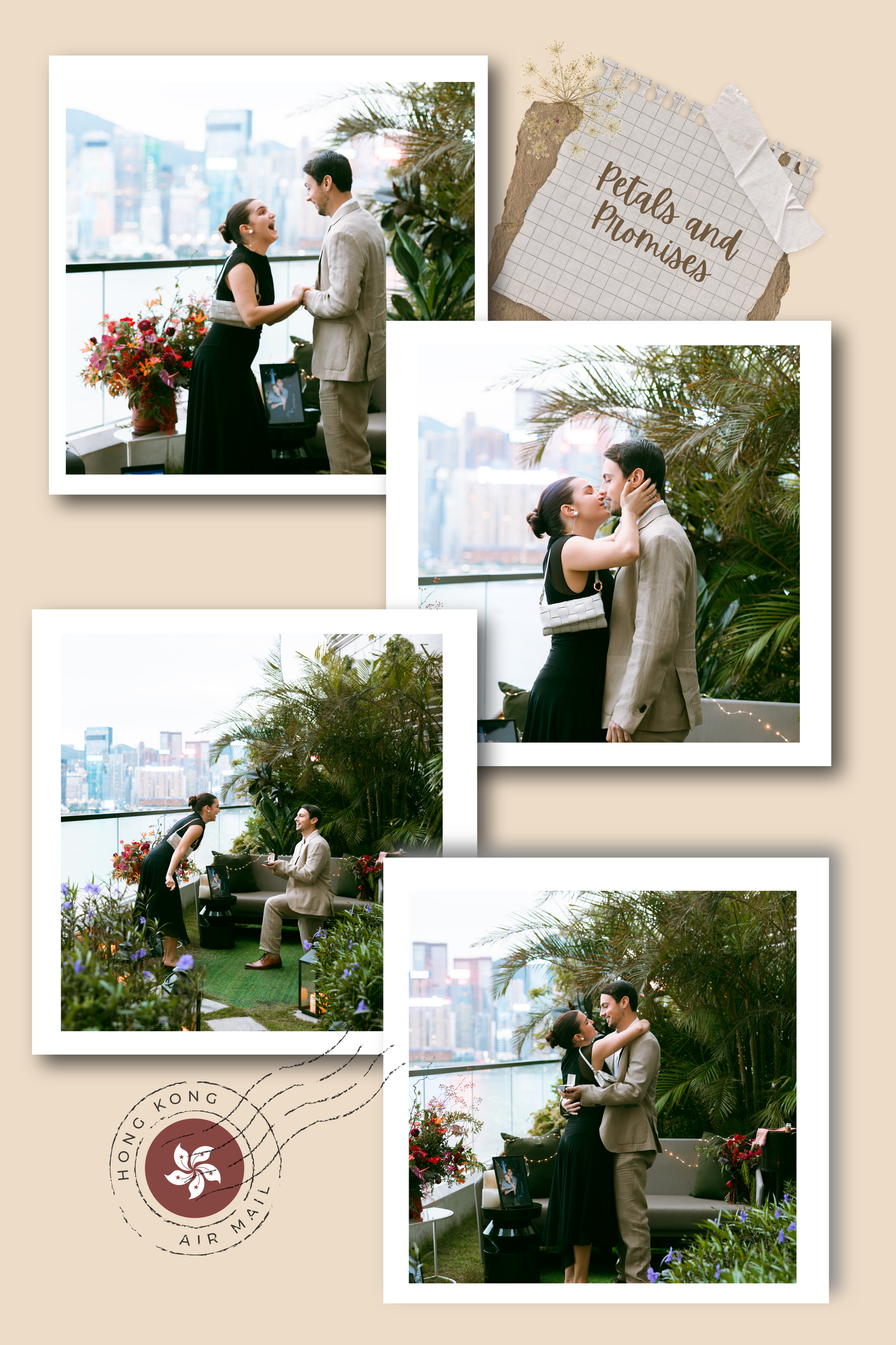 Romantic couple shares a kiss on a Hong Kong rooftop garden with city skyline views in Rosewood Hong Kong. Pre Wedding in Hong Kong