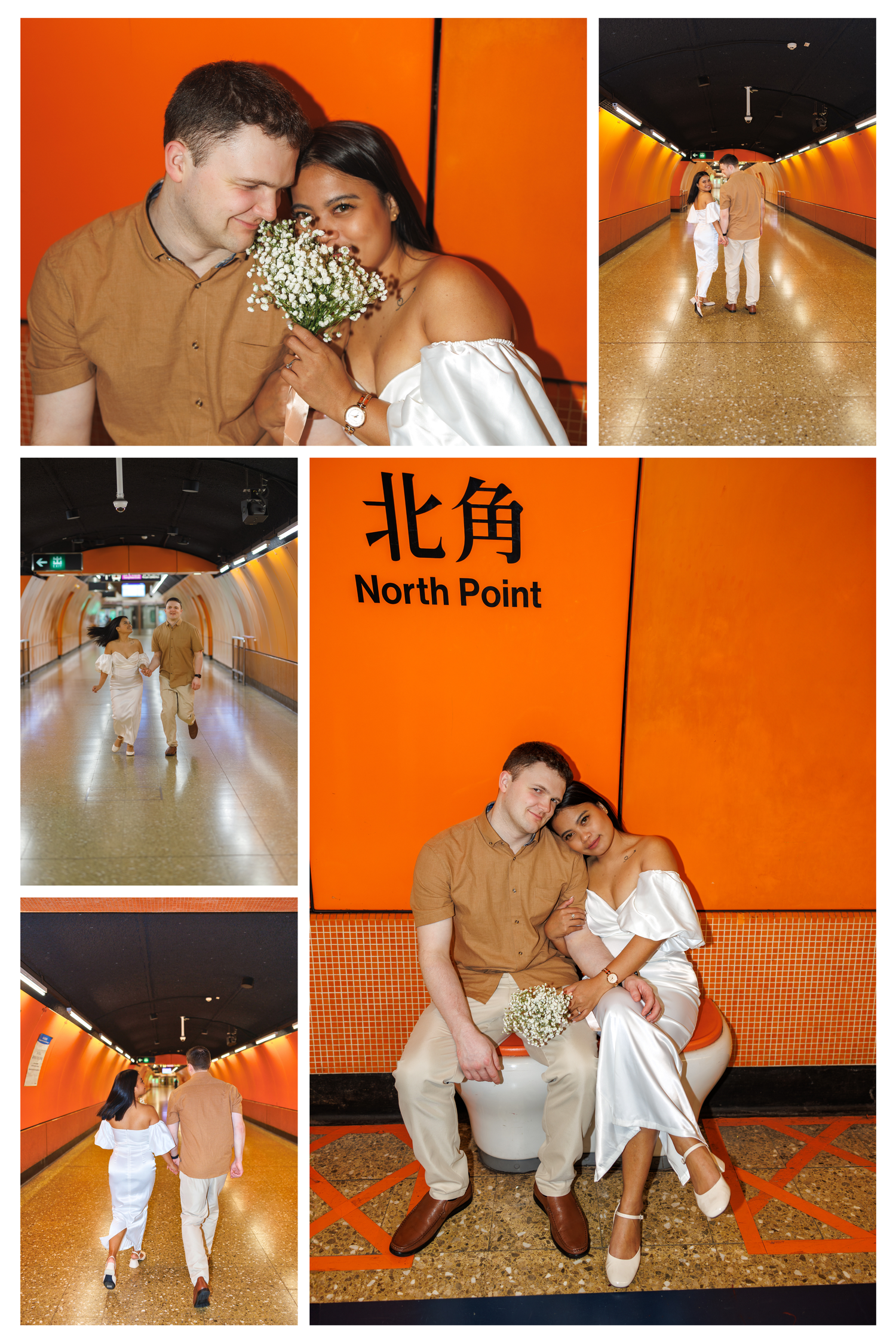 A collage of photos showing couple spending time together at MTR Station in Hong Kong with orange walls. Couple Session in Hong Kong