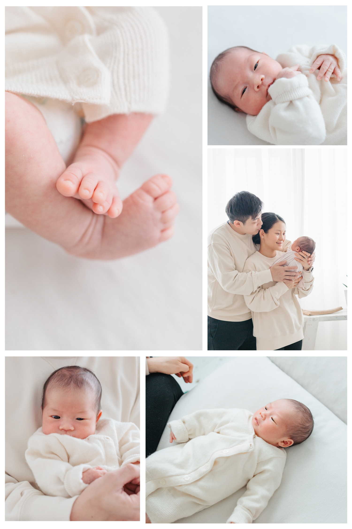 A gentle collection of newborn photography featuring soft white blankets, tiny feet, and tender parental moments in natural light. Newborn