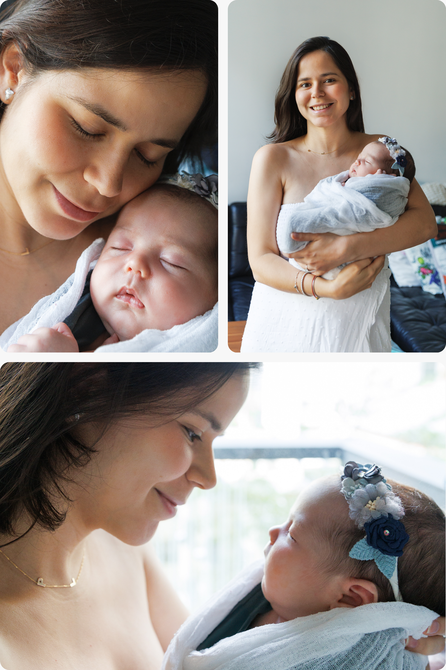 A series of tender moments showing parent and baby sharing loving embraces and cuddles in intimate candid portraits. Newborn Photographer HK