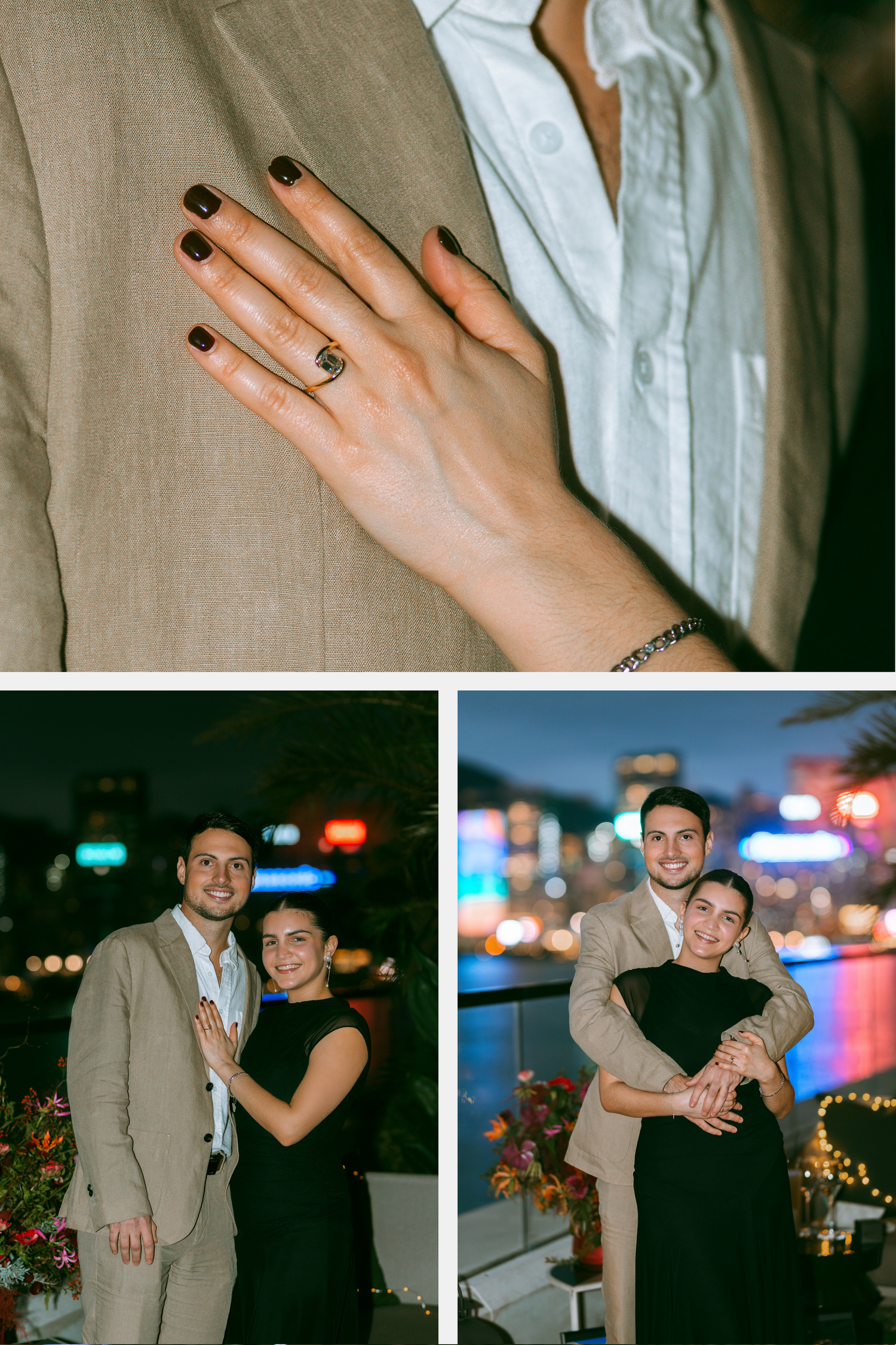 Couple celebrates engagement at night with woman showing off diamond ring in Rosewood Hong Kong. Pre Wedding in Hong Kong