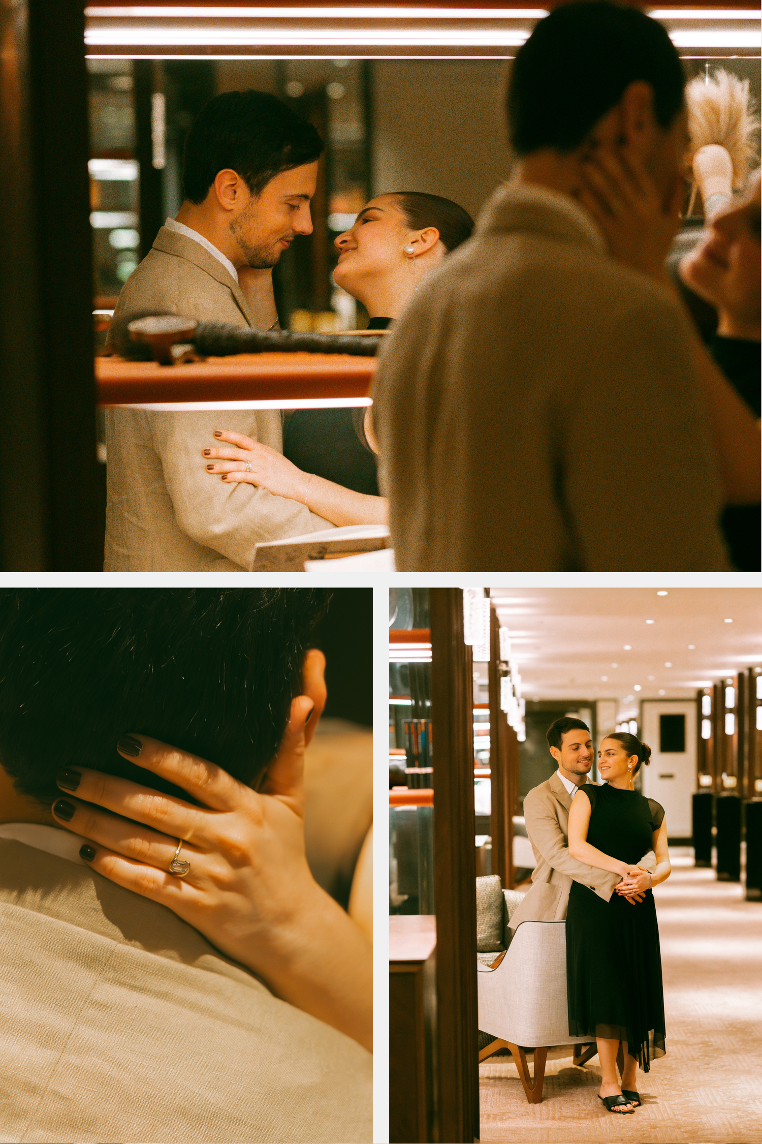 Romantic couple sharing an intimate moment in an elegant venue, with close-up of engagement ring on hand in Rosewood Hong Kong. Pre Wedding
