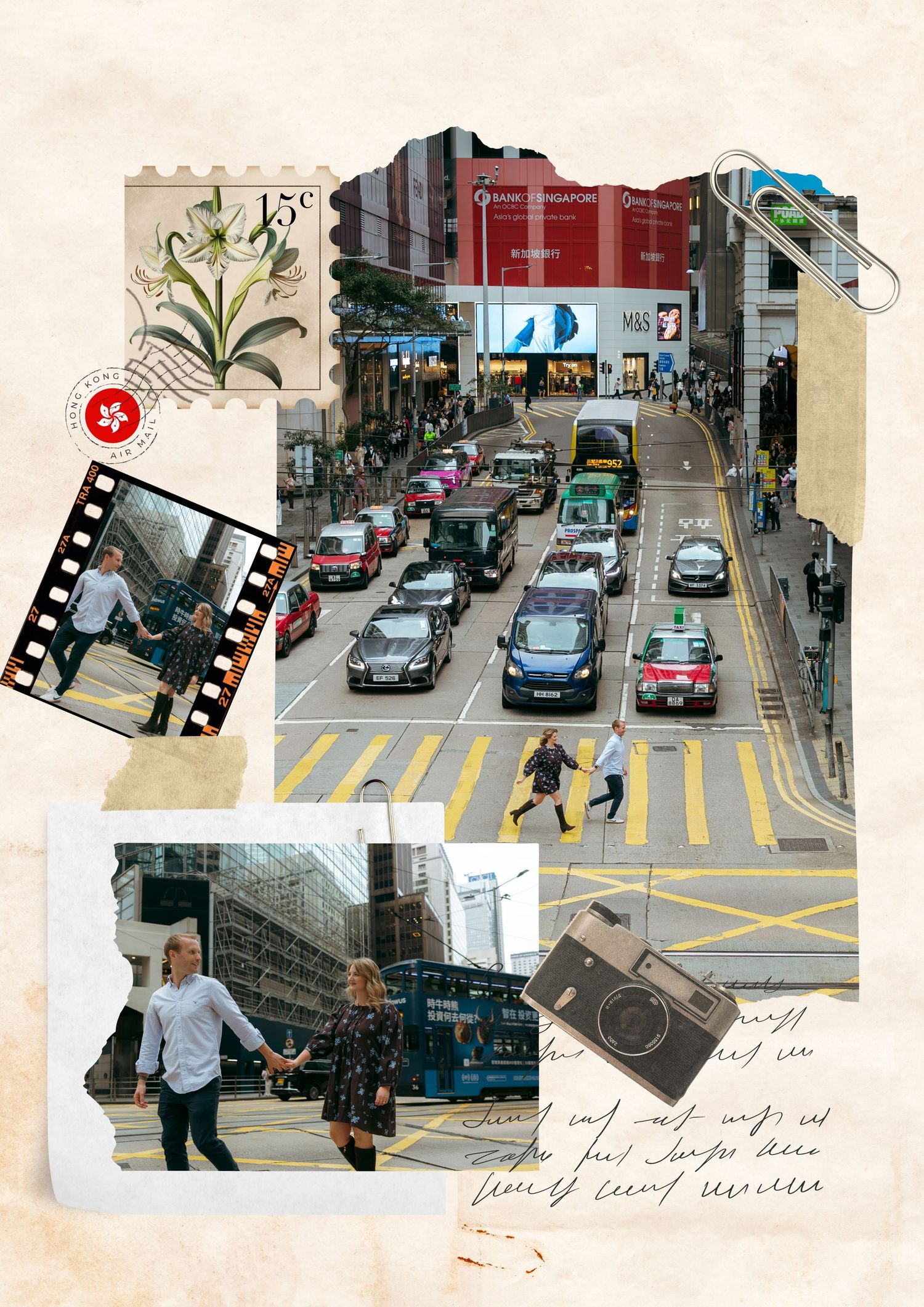 A travel scrapbook collage featuring busy Hong Kong streets with traffic, a couple holding hands, stamps, film strips, and a vintage camera.