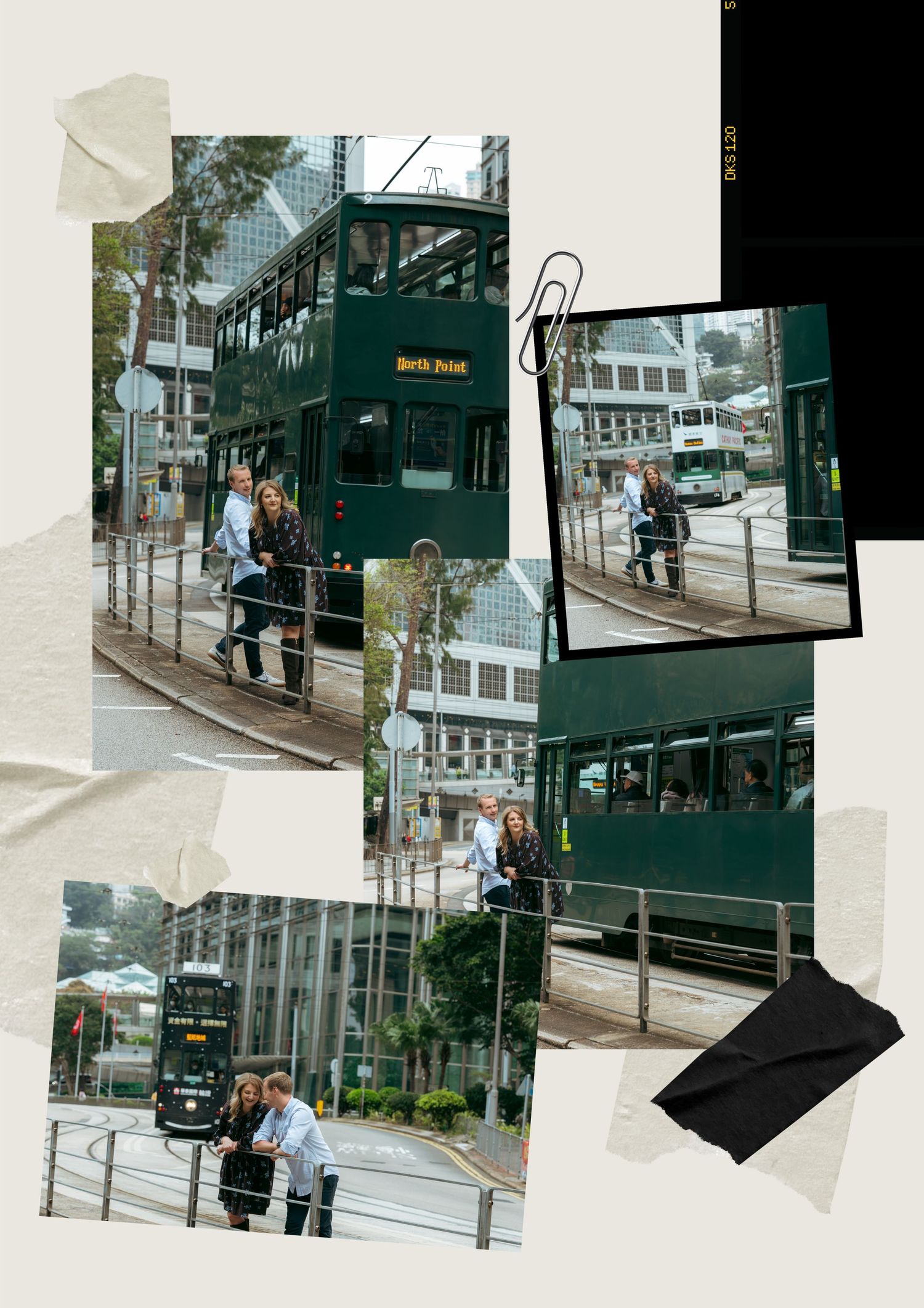 Couple posing near a green double-decker tram on a Hong Kong street, photo collage with multiple candid shots. couple session in Hong Kong.