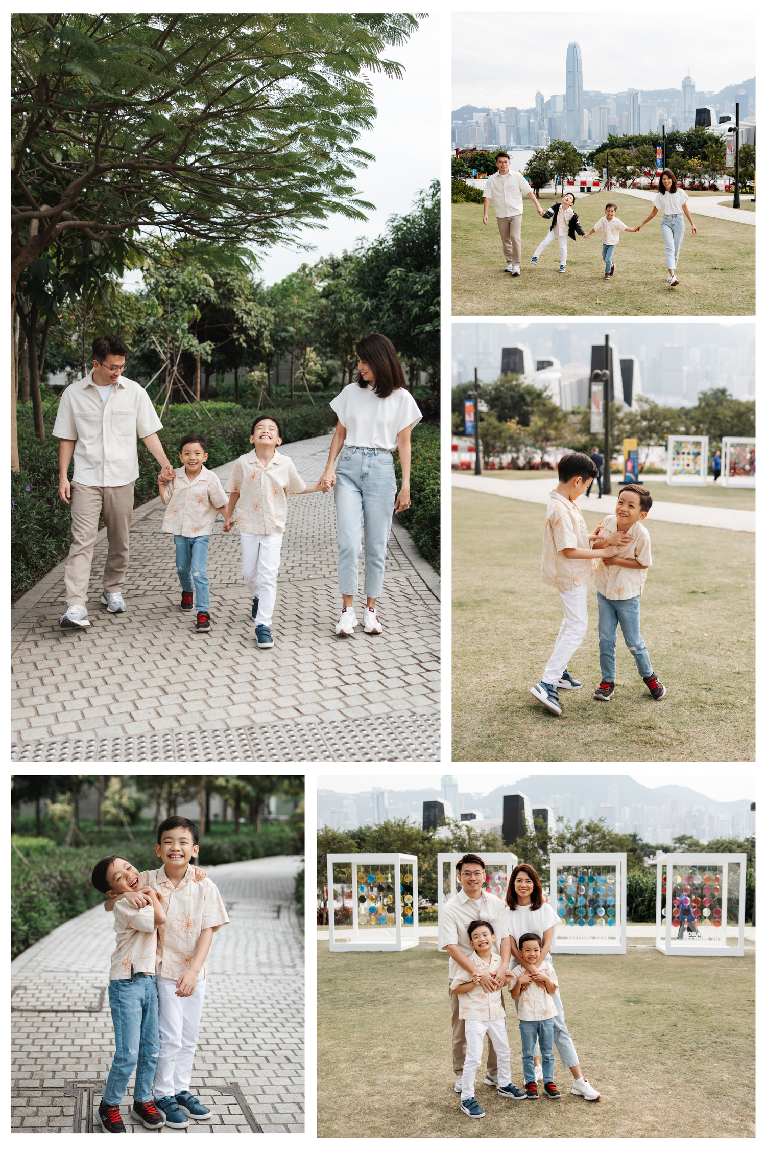 Family members walking and playing together on a sunny day in a park with urban scenery in the background. Hong Kong Family Photographer