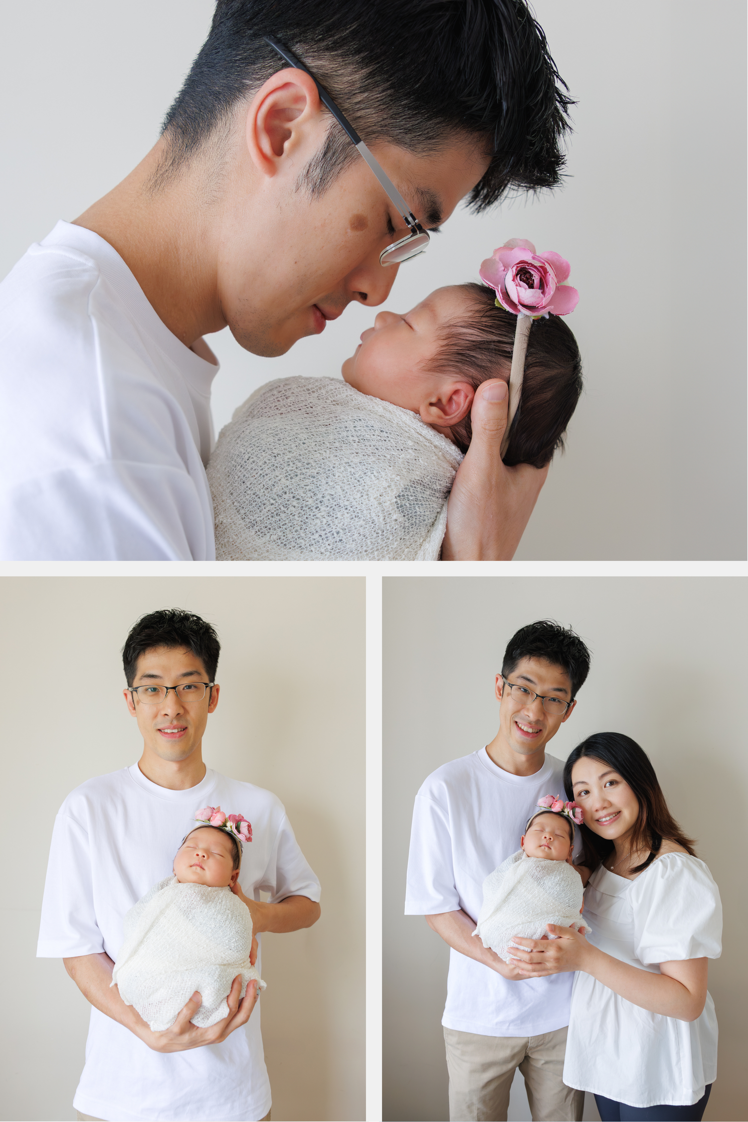A couple in white shirts holds and interacts with their newborn baby in a photo collage series. Newborn Photography in Hong Kong