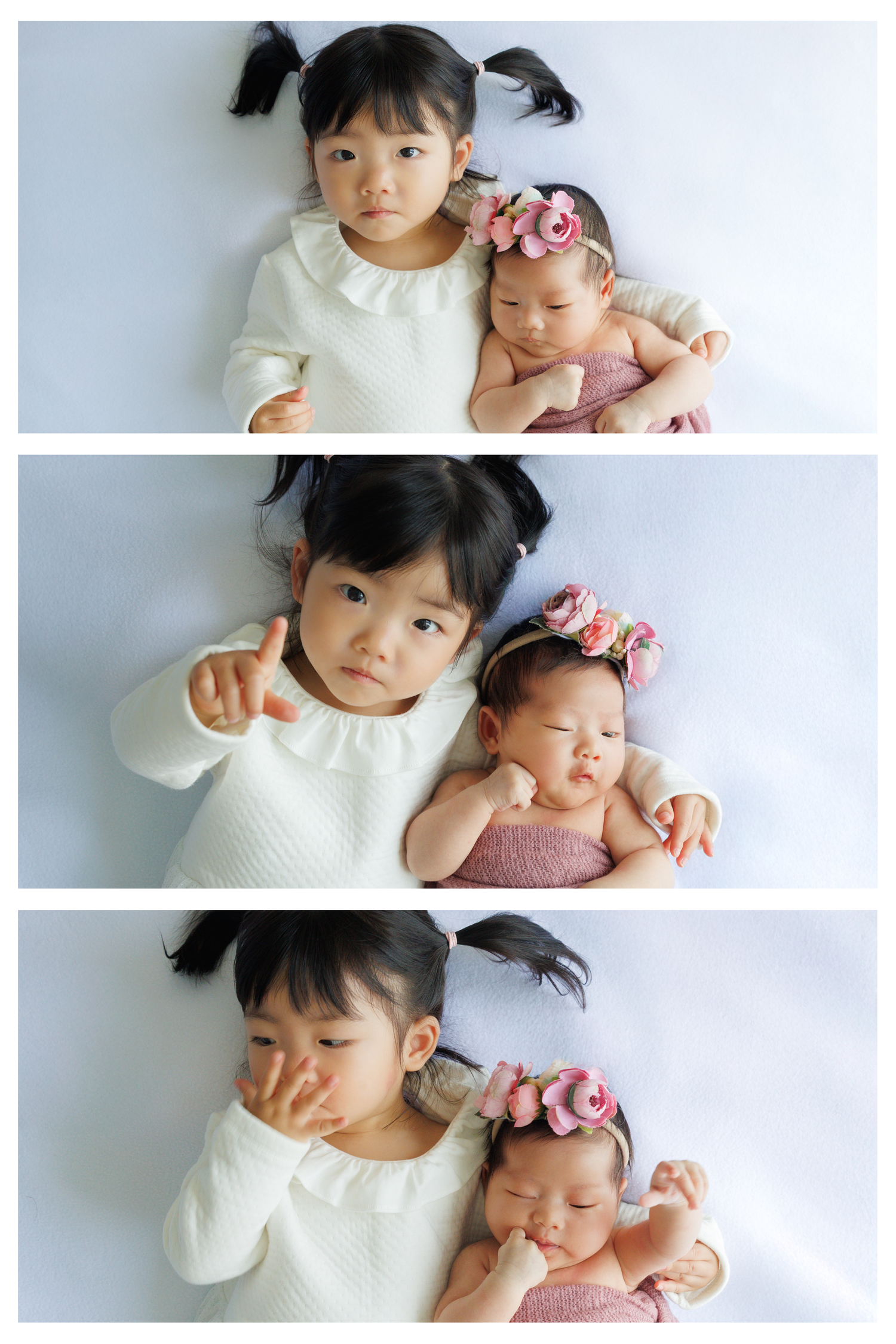Three-photo series showing siblings in white and pink outfits lying down together against a light background. Newborn Photography in HK