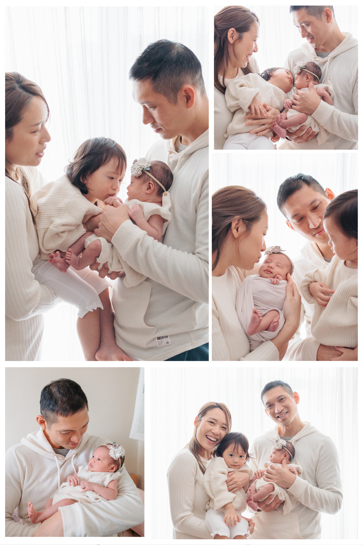 Parents in white clothing sharing tender moments with their newborn baby in a bright indoor setting. In-home newborn session in Hong Kong