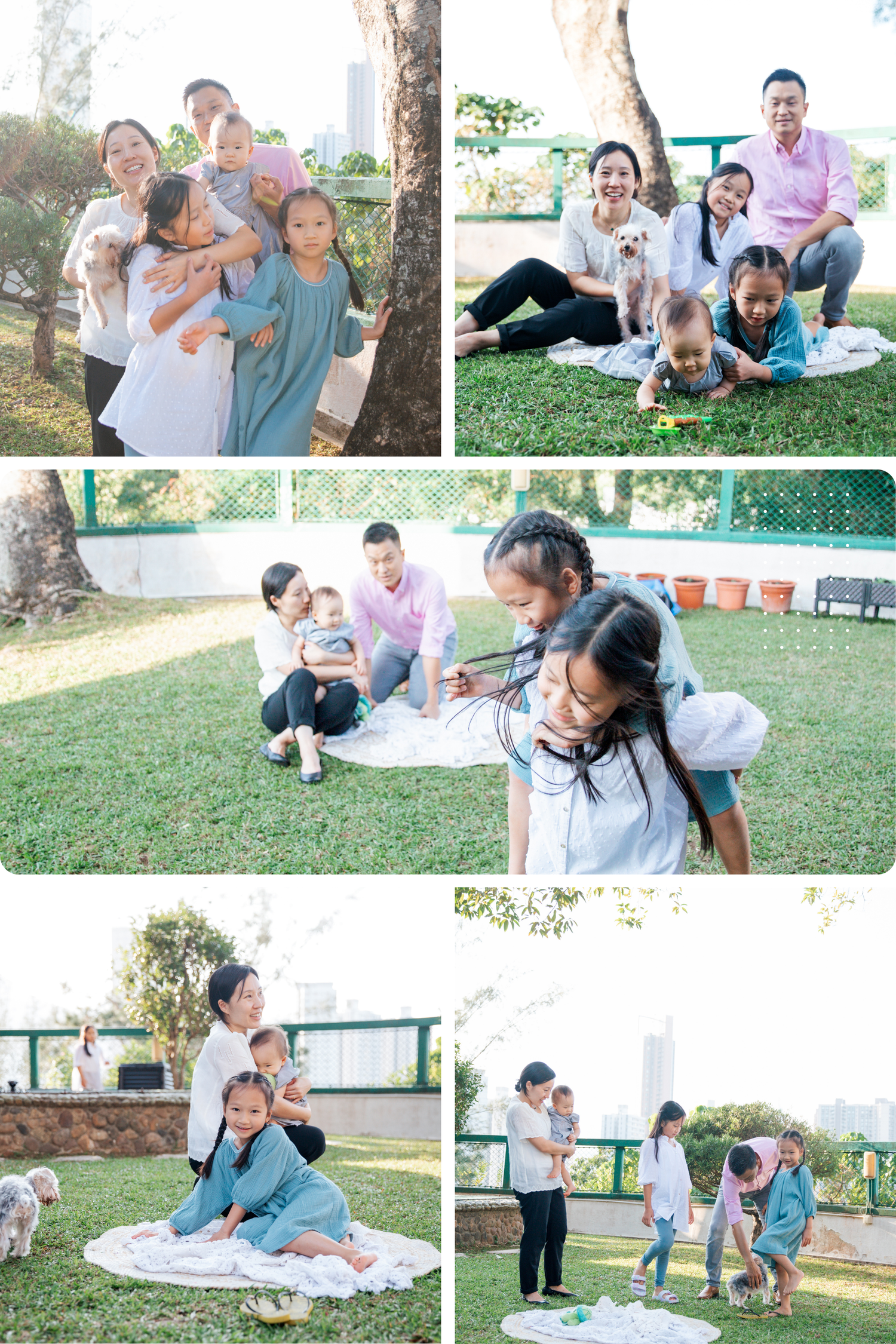 A family enjoys playful outdoor moments together on a blanket in a grassy park setting on a sunny day. Hong Kong Family Photographer