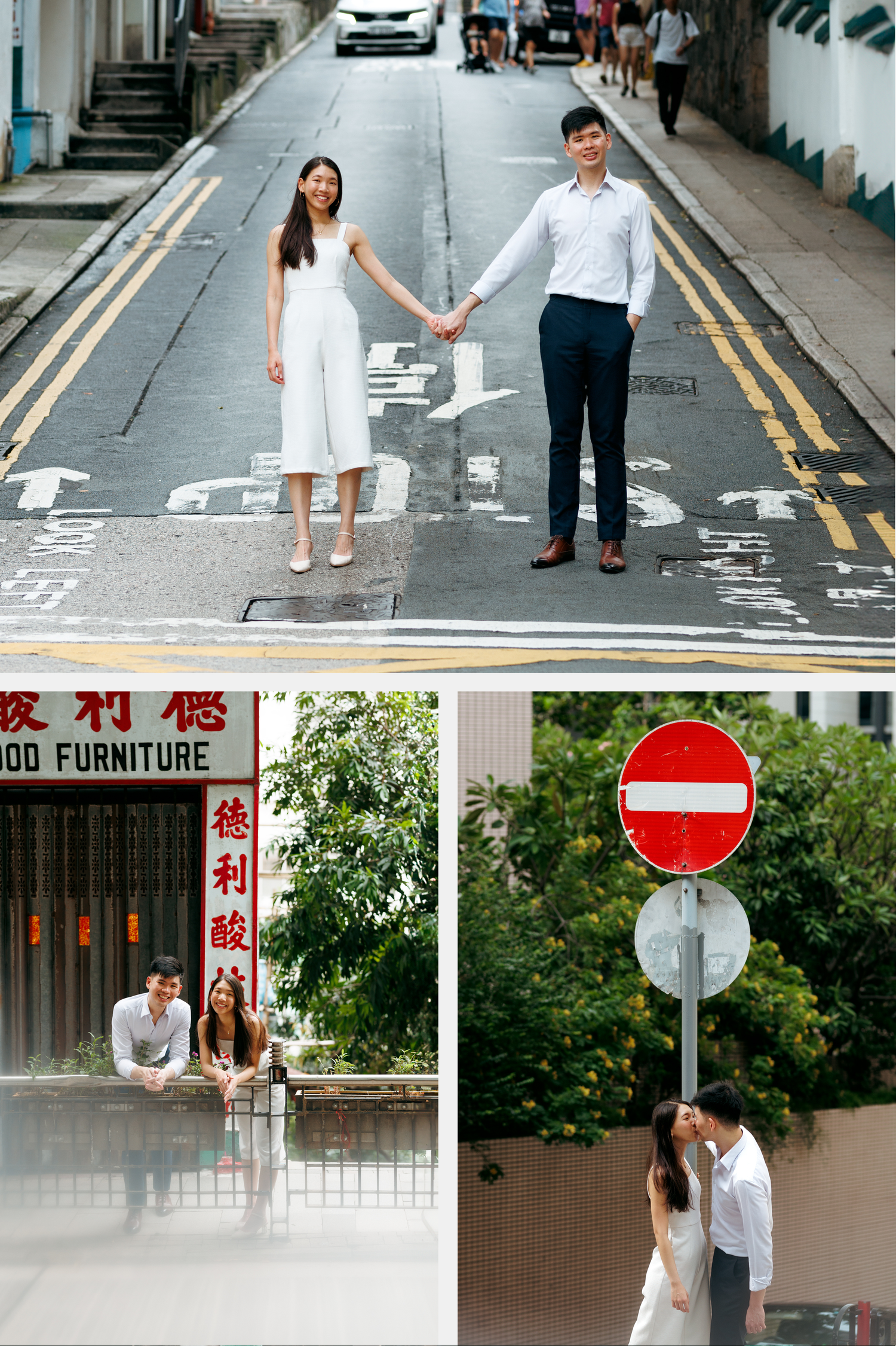 A couple poses on a Hong Kong street with traditional signage and urban elements in three romantic engagement photos. Couple Photoshoot