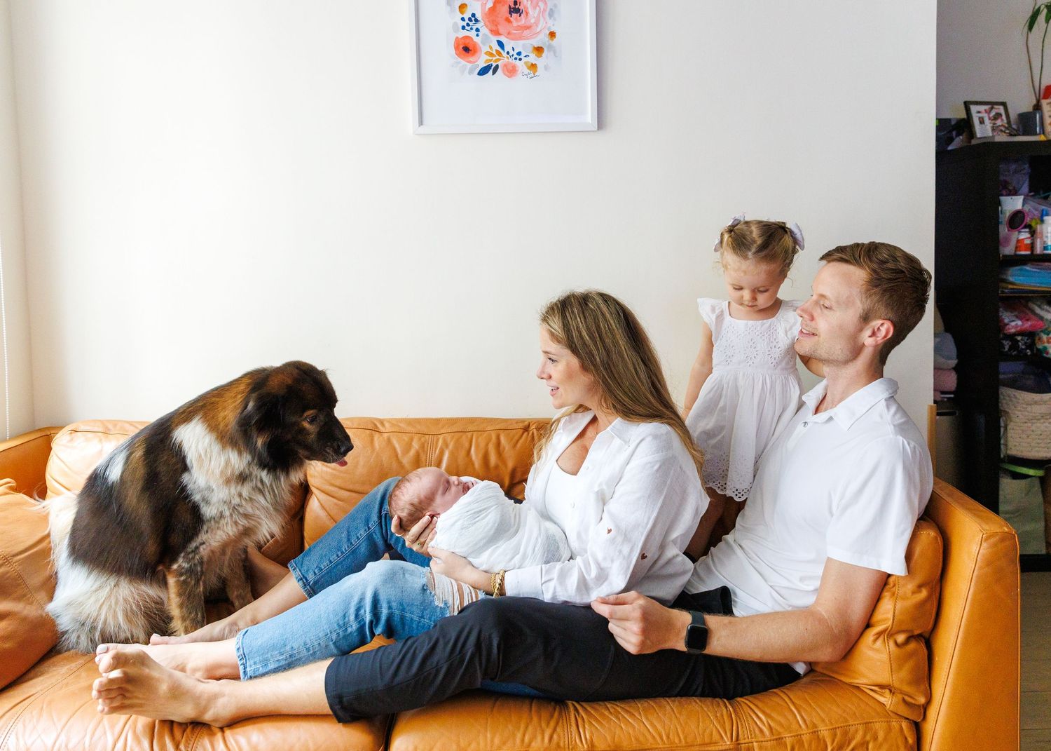 A collage of people relaxing and lounging on an orange leather couch in various poses. Newborn Photoshoot in Hong Kong