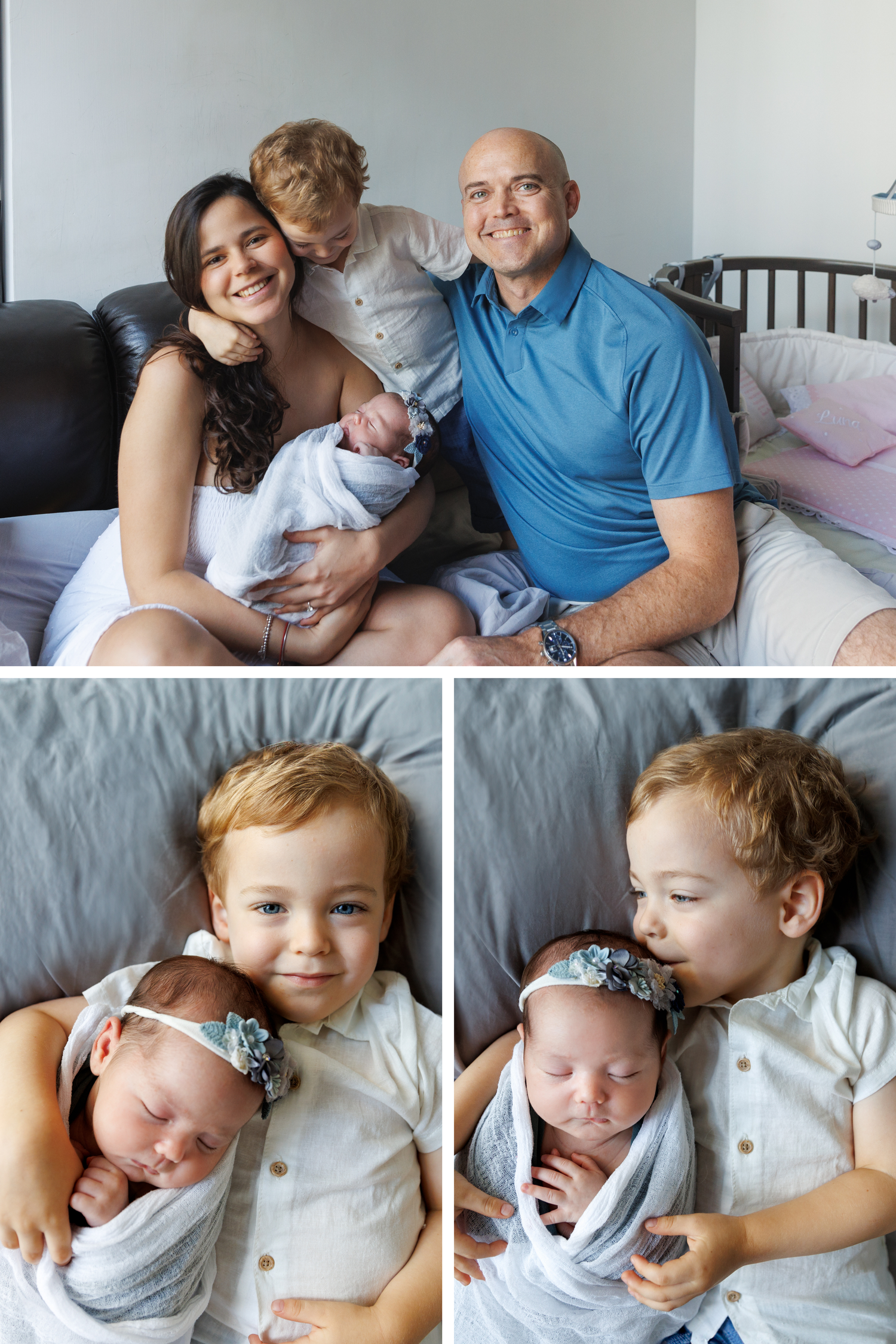 Family members cuddling with newborn baby on gray bedding in intimate indoor lifestyle photo session. Newborn Photographer in Hong Kong