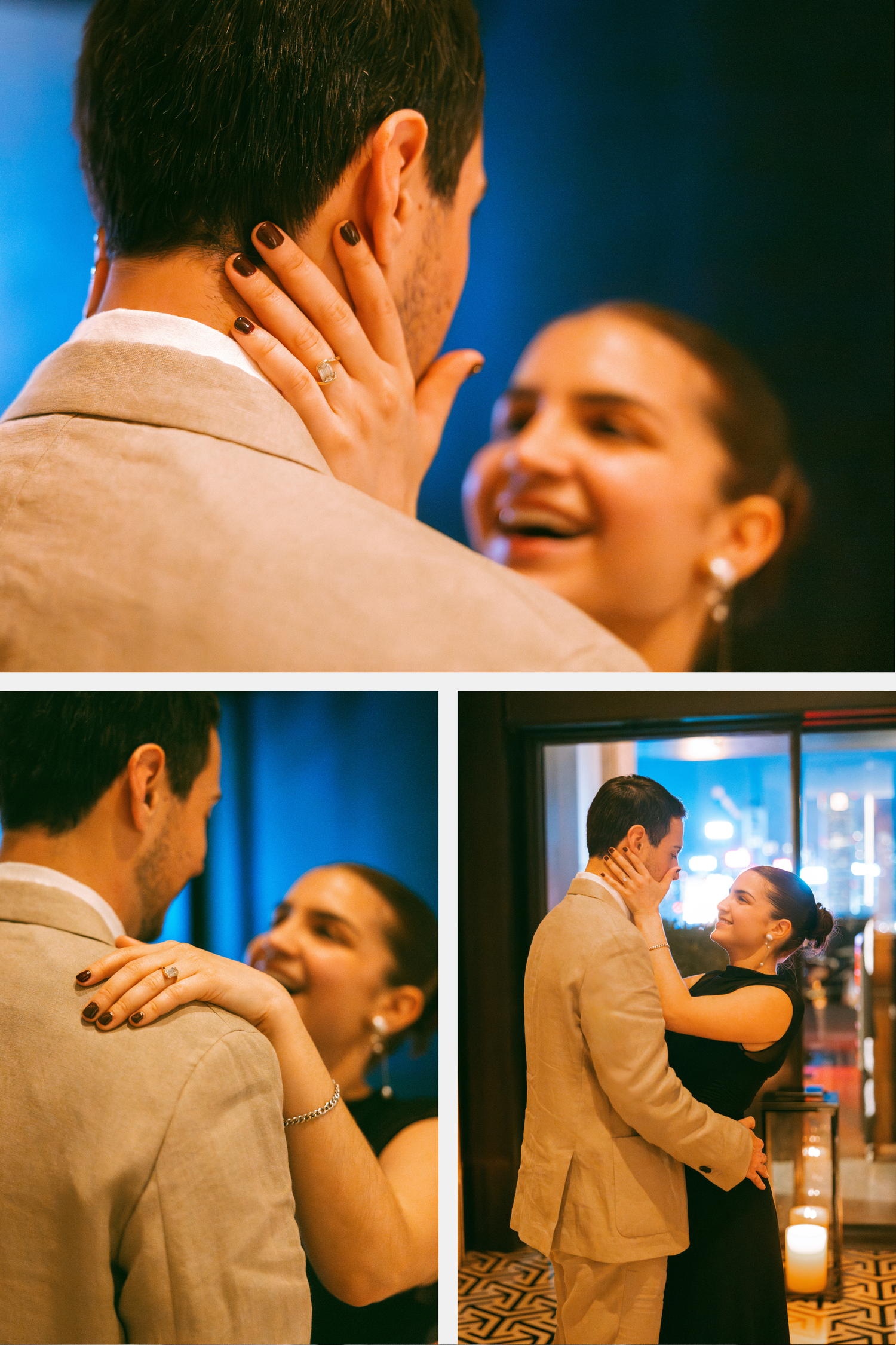A joyful couple shares a romantic dance, the woman smiling as she tenderly touches the mans face at proposal in Rosewood Hong Kong.
