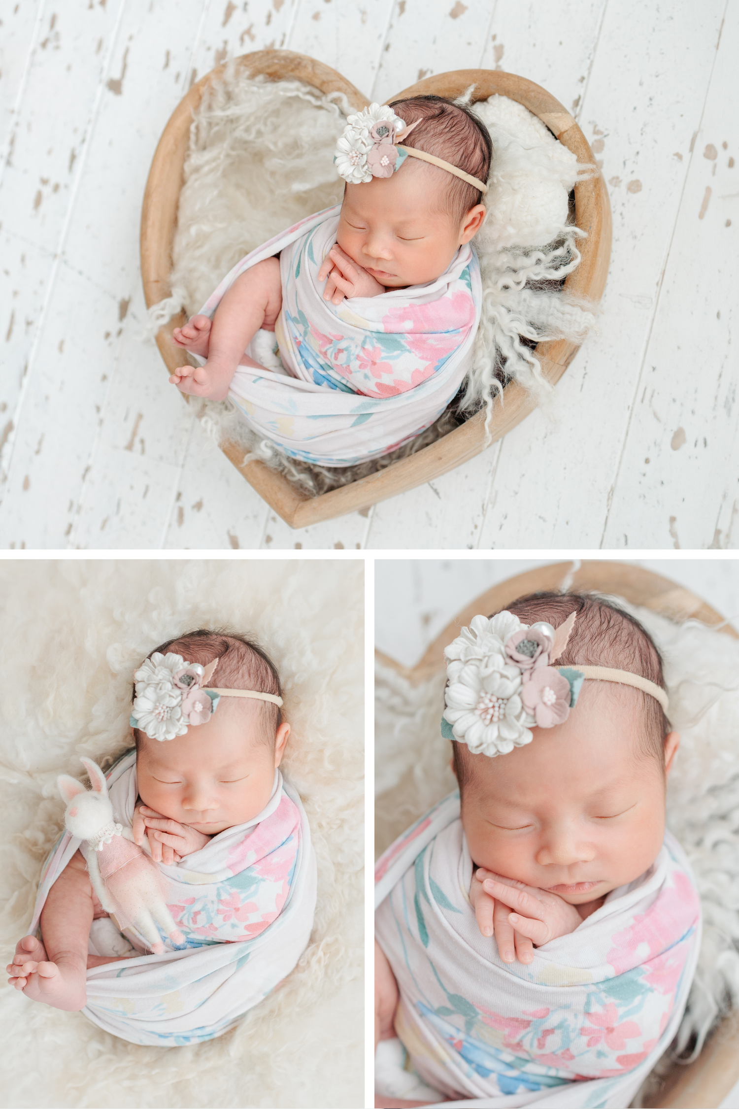 Newborn baby swaddled in a soft floral blanket with pink and blue accents sleeps peacefully in a rustic wooden bowl setting. Newborn HK