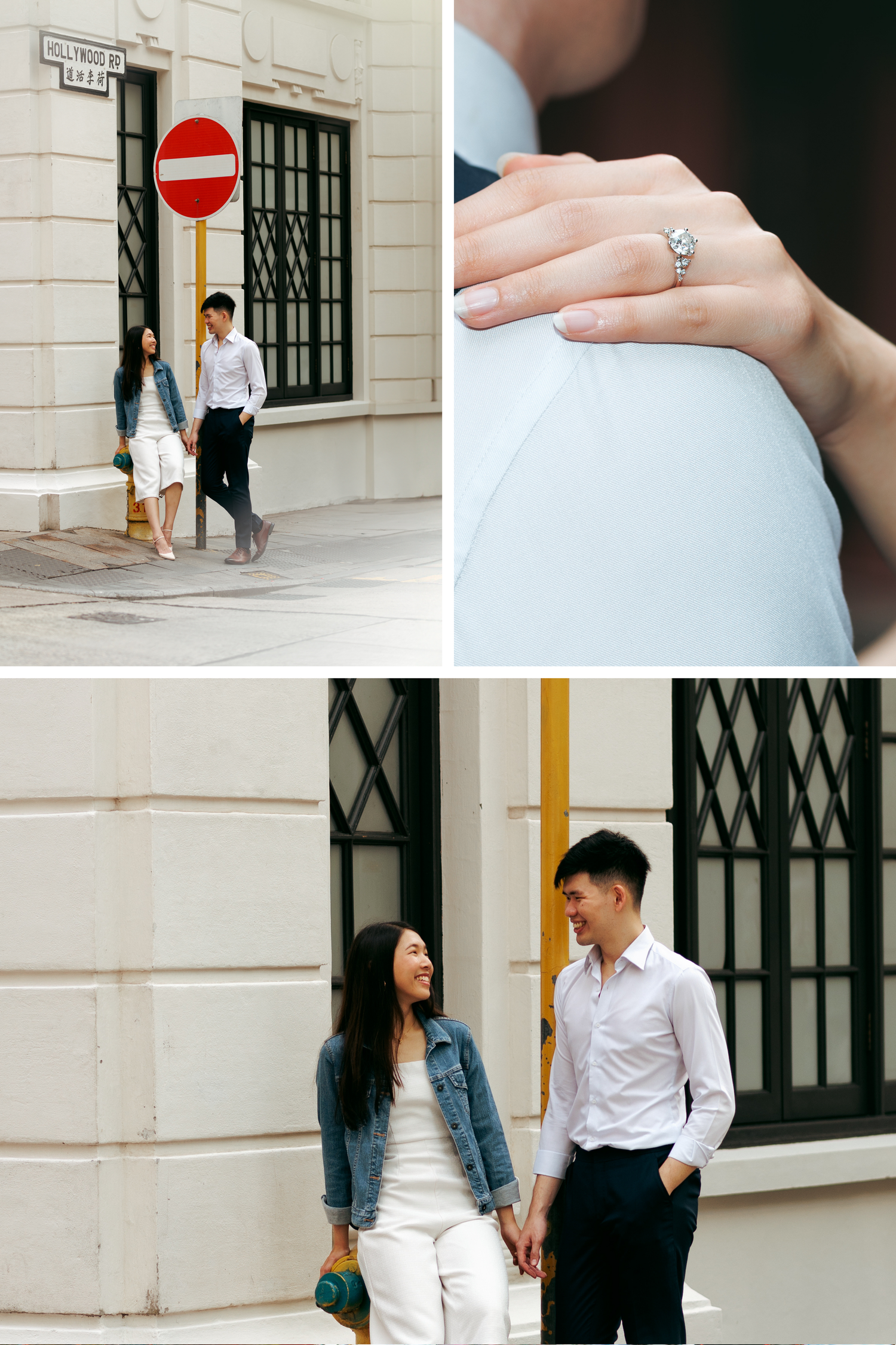 A couple poses for engagement photos against a classic architectural backdrop. Couple Photoshoot in Hong Kong