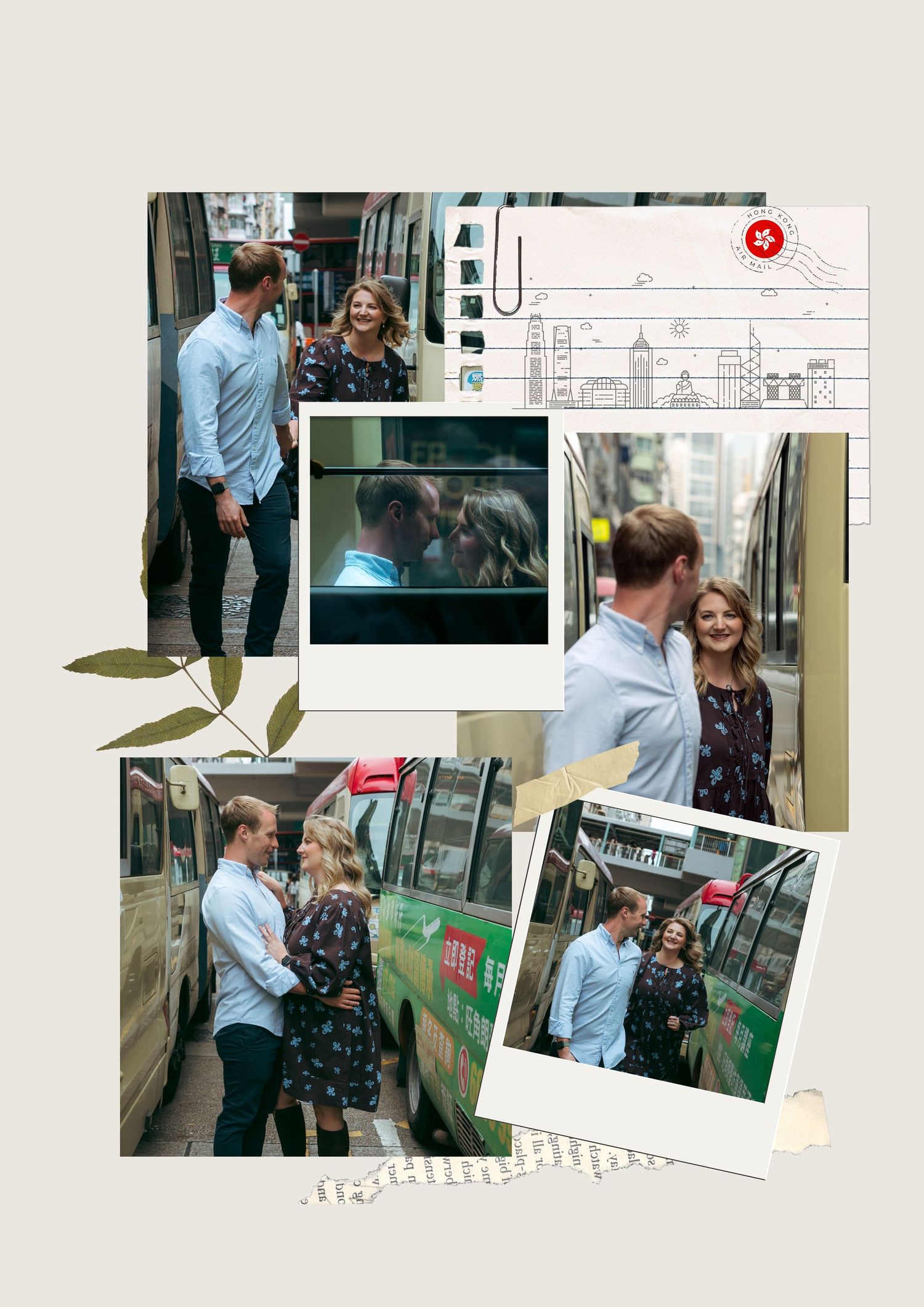 A romantic couple shares a tender moment near a green bus on a city street, couple session in Hong Kong. Pre Wedding HK