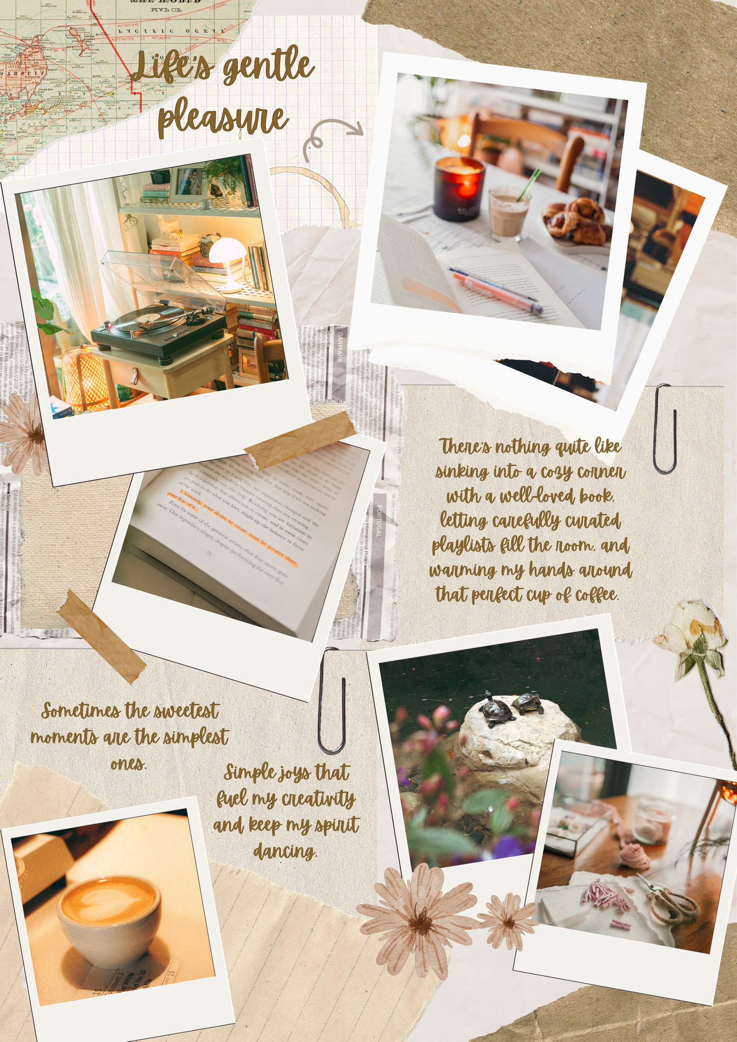 Cozy collage of aesthetic study photos featuring books, papers, coffee cups and handwritten notes in warm neutral tones.